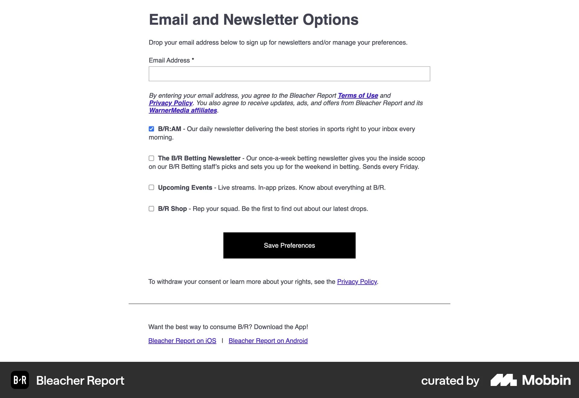 Bleacher Report Web Sports App screen