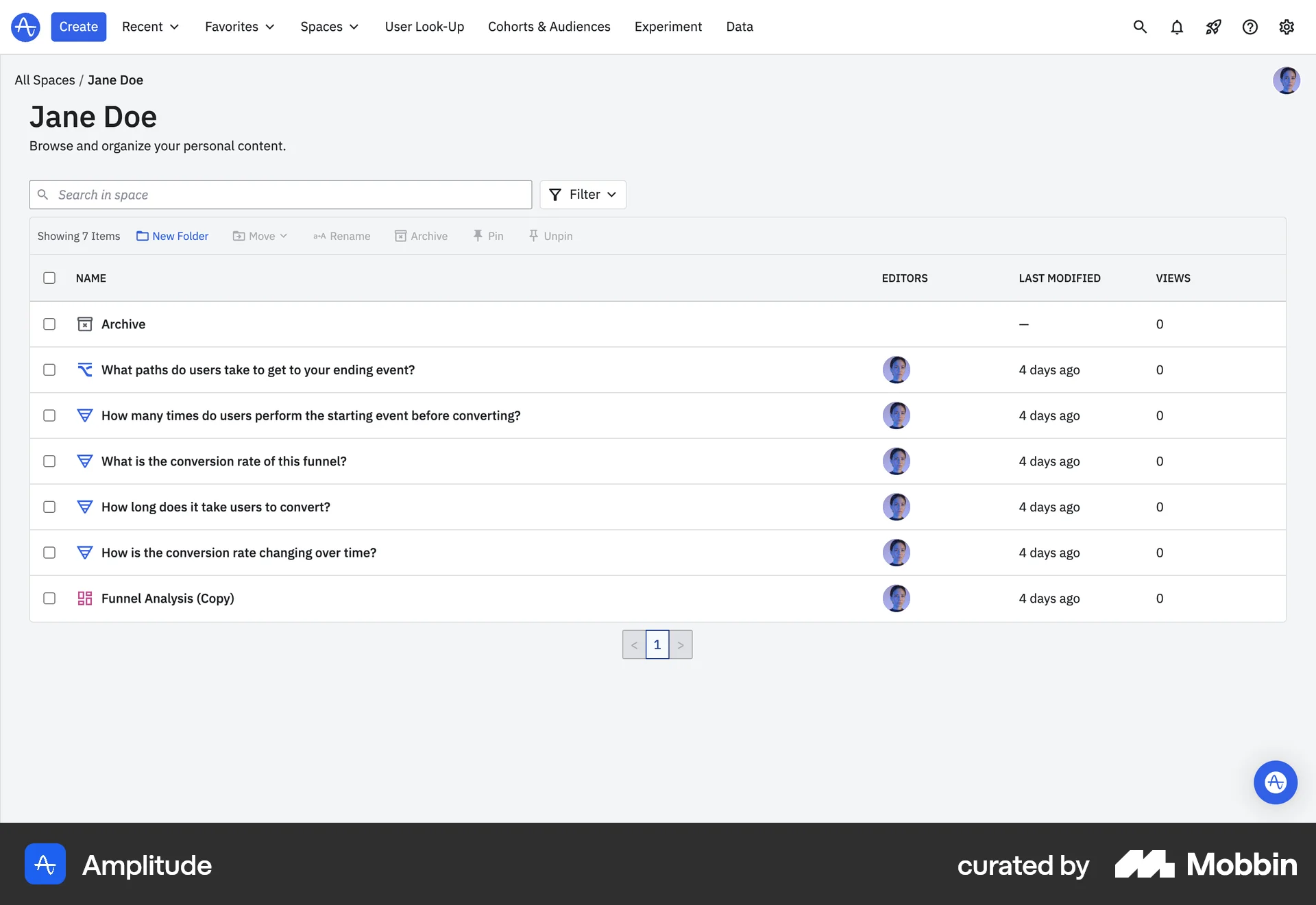 Amplitude Web Bookmarks & Collections screen