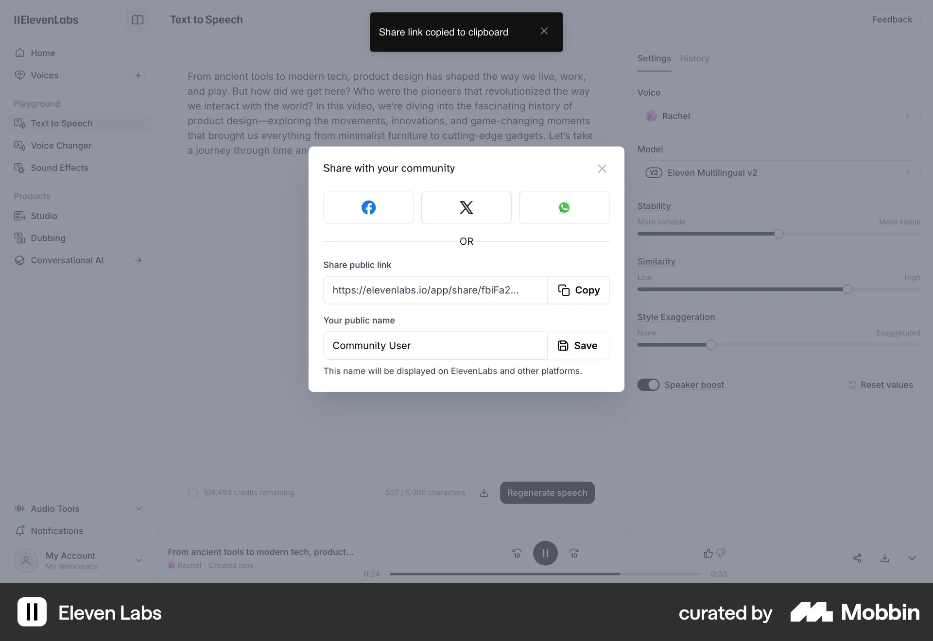 ElevenLabs Web screen containing Toast UI element