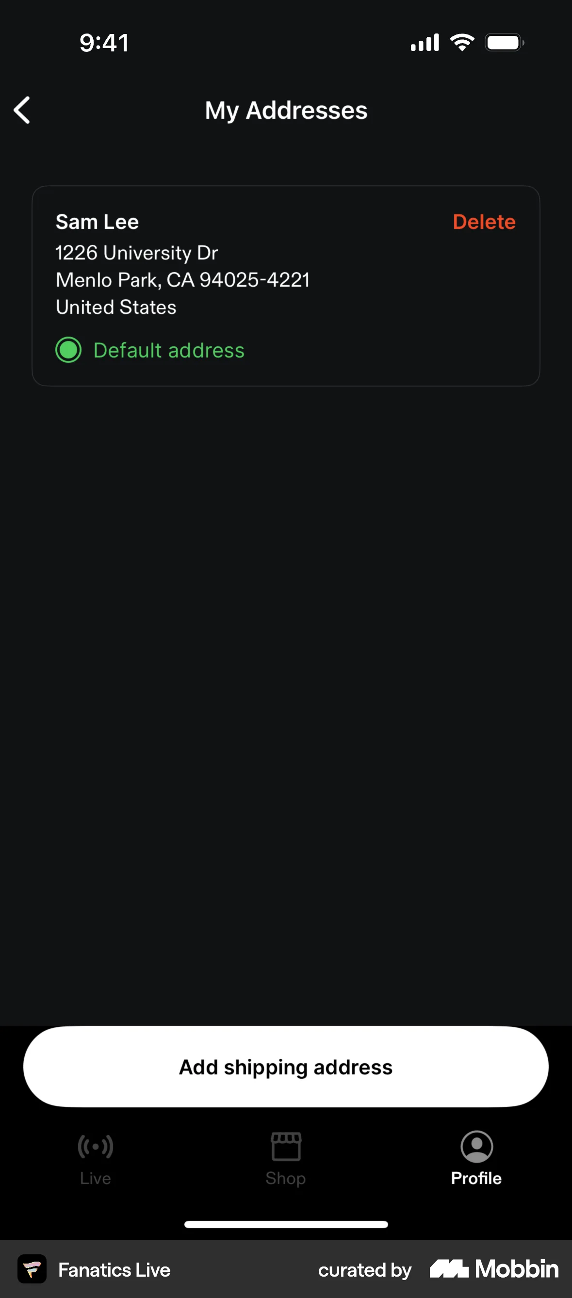 Fanatics Live iOS Location & Address screen