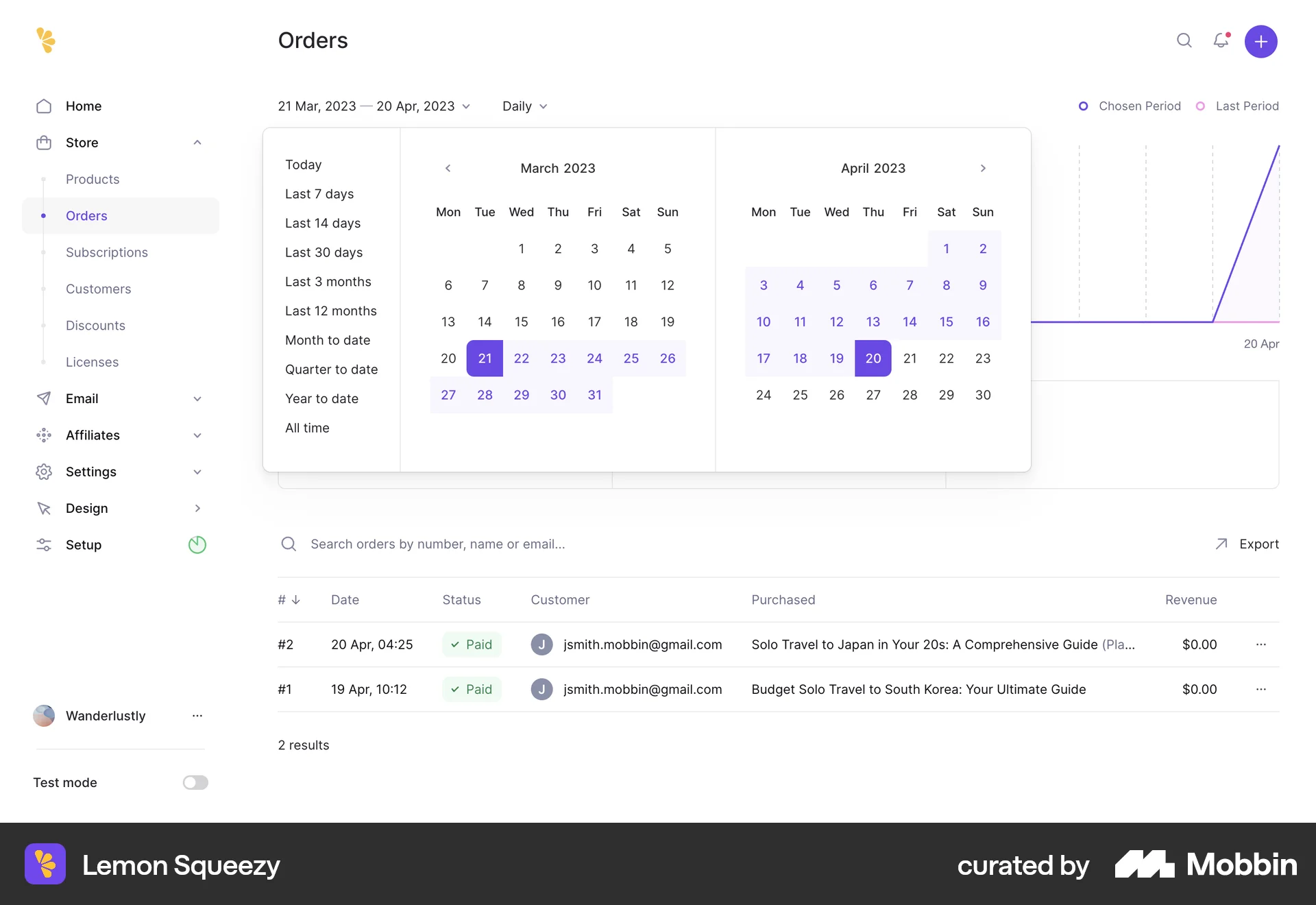 Lemon Squeezy Web Calendar screen