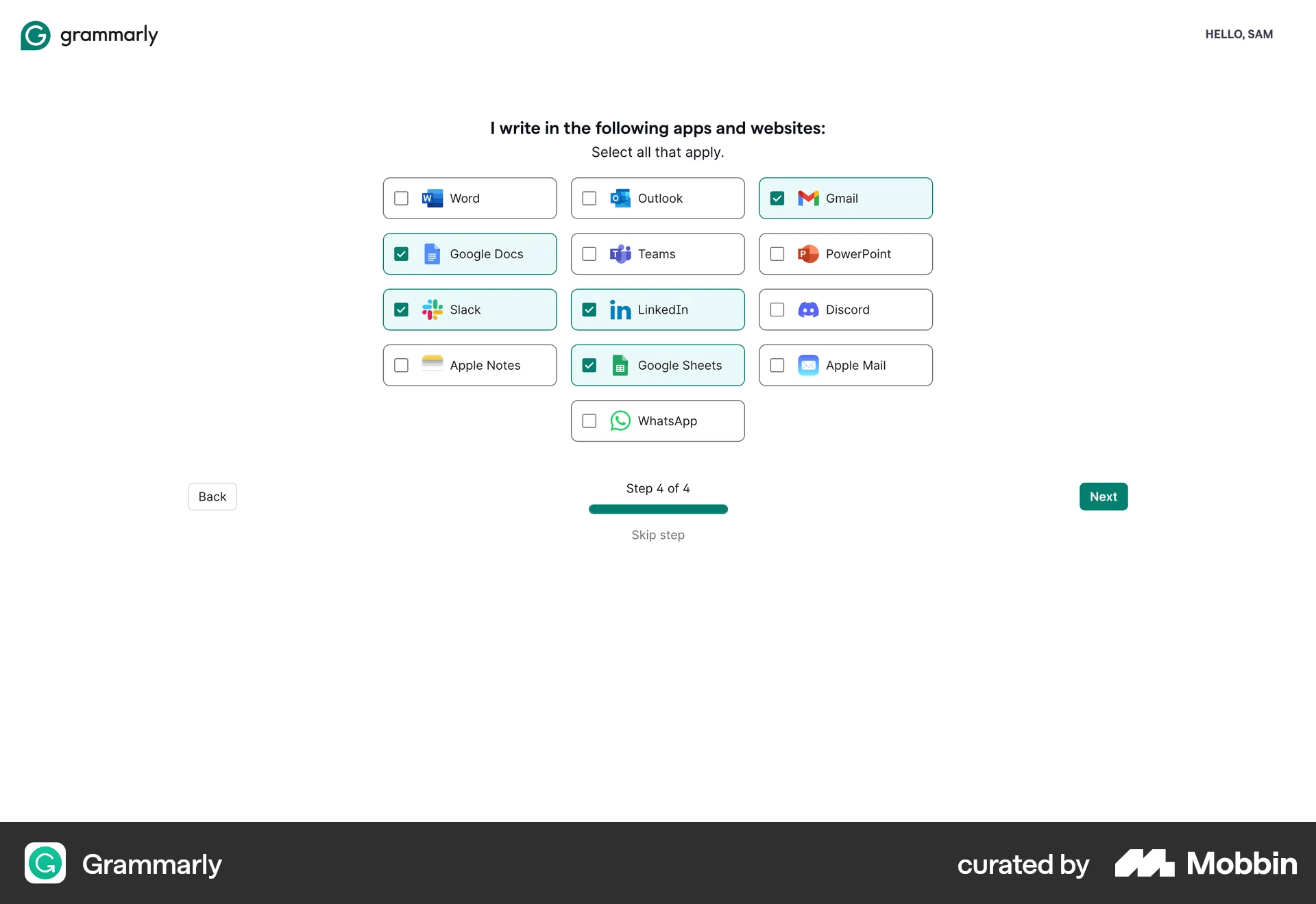 Grammarly Web Account Setup screen