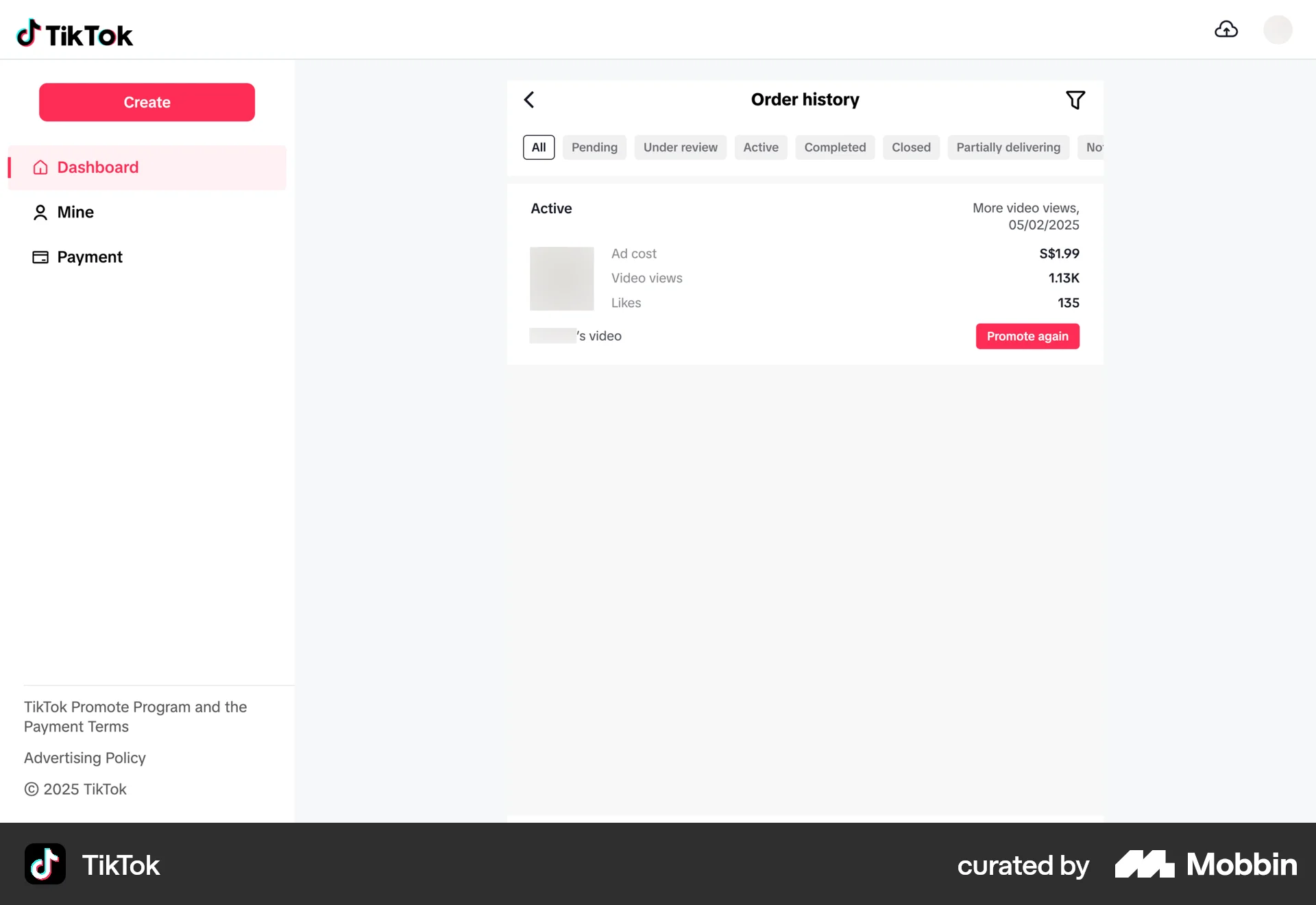 TikTok Web Order History screen