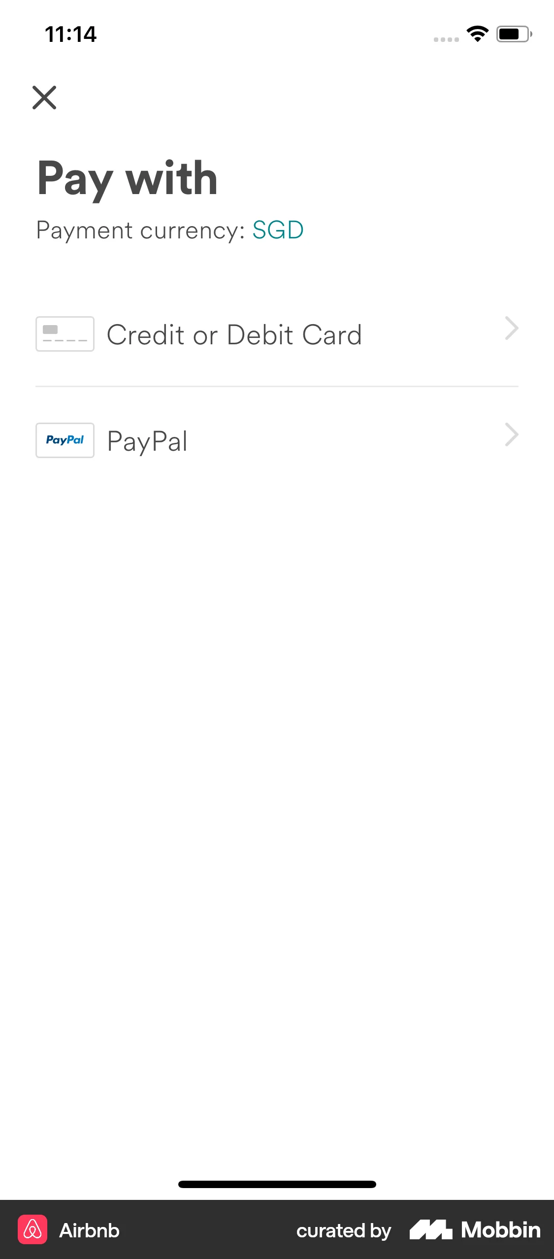 Airbnb iOS Payment Method screen