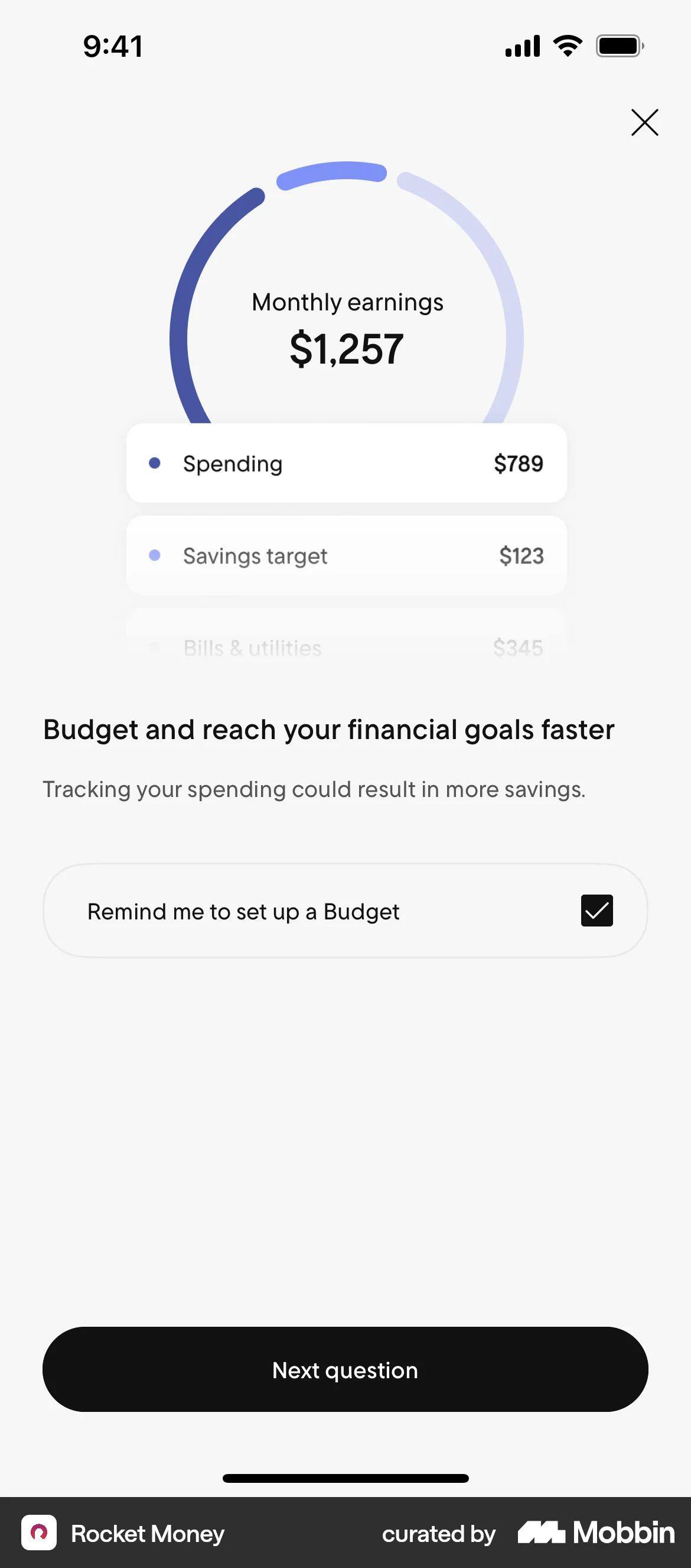 Rocket Money iOS Pie Chart UI screen