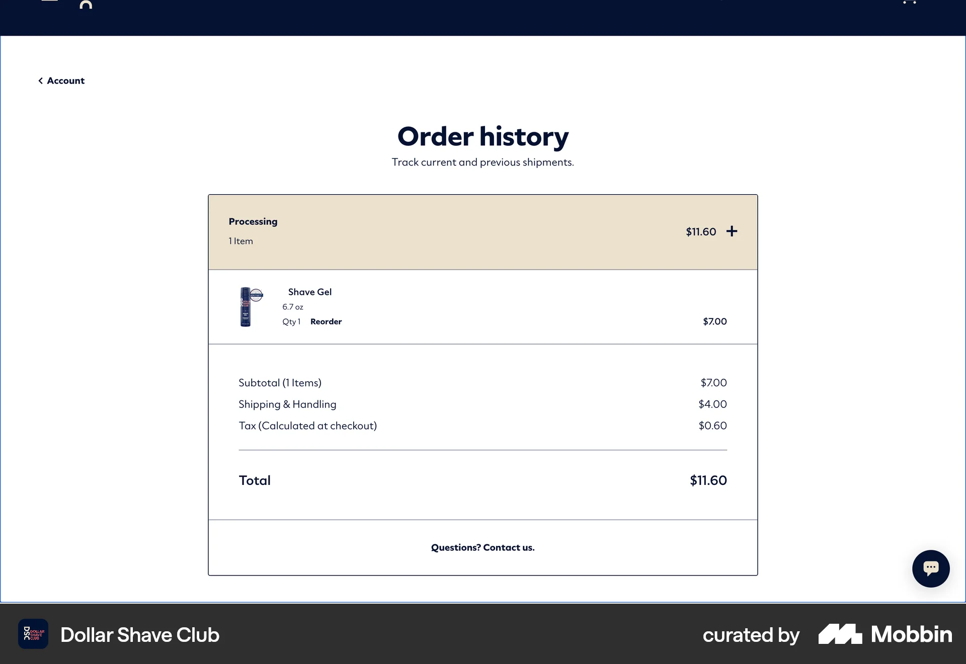 Dollar Shave Club Web Order History screen