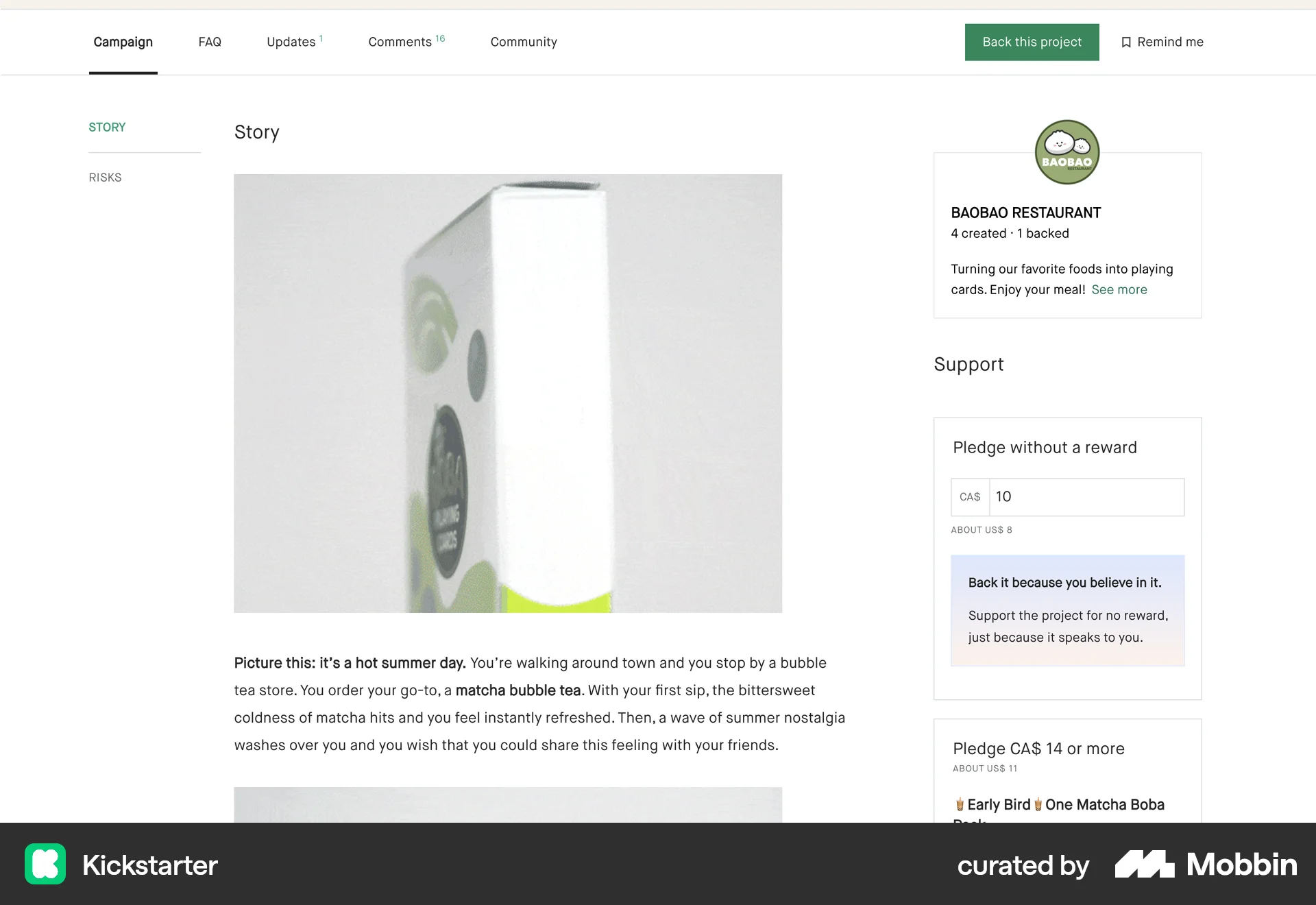 Kickstarter Web screen containing Table of Contents UI element