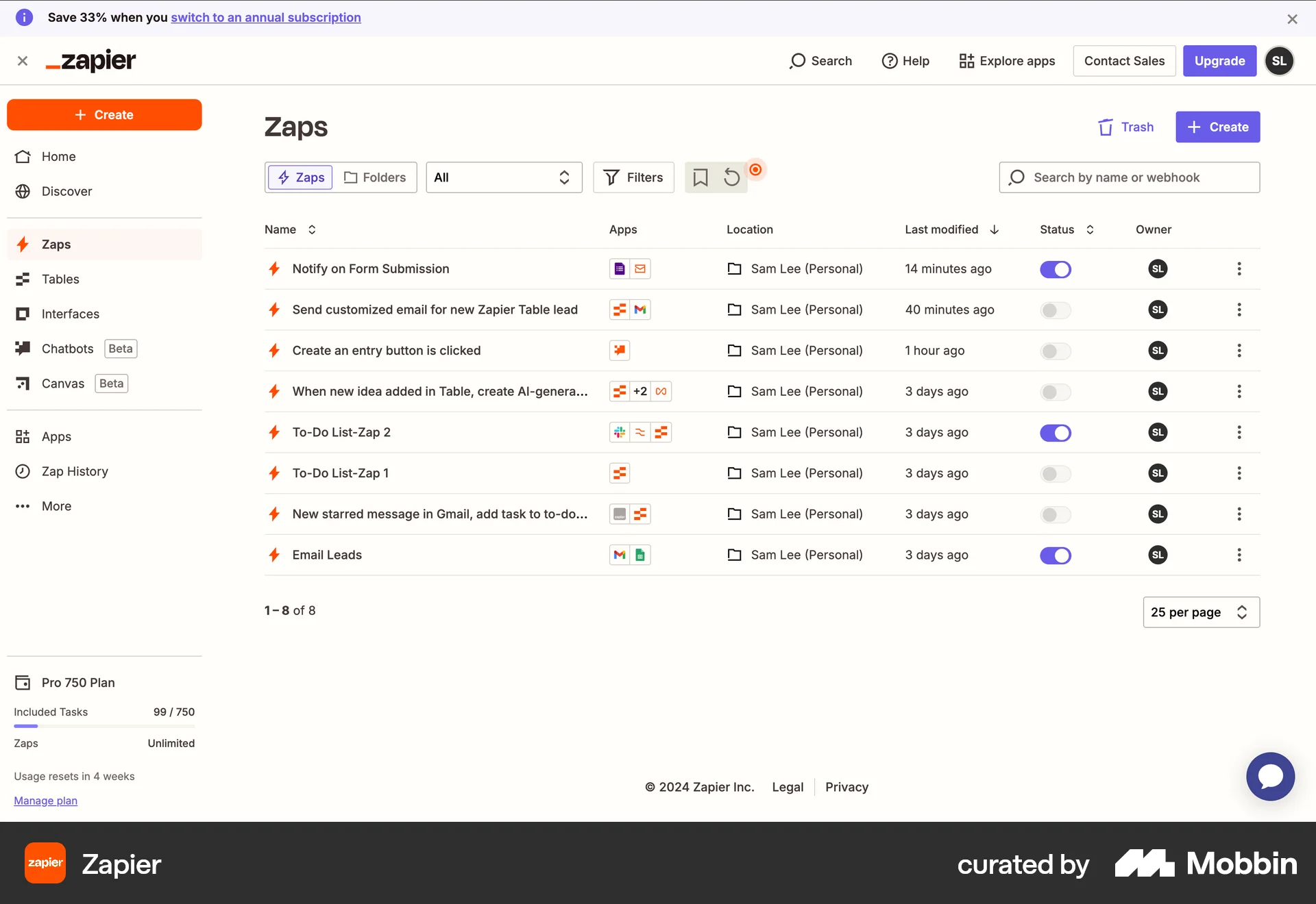 Zapier Web screen containing Table UI element