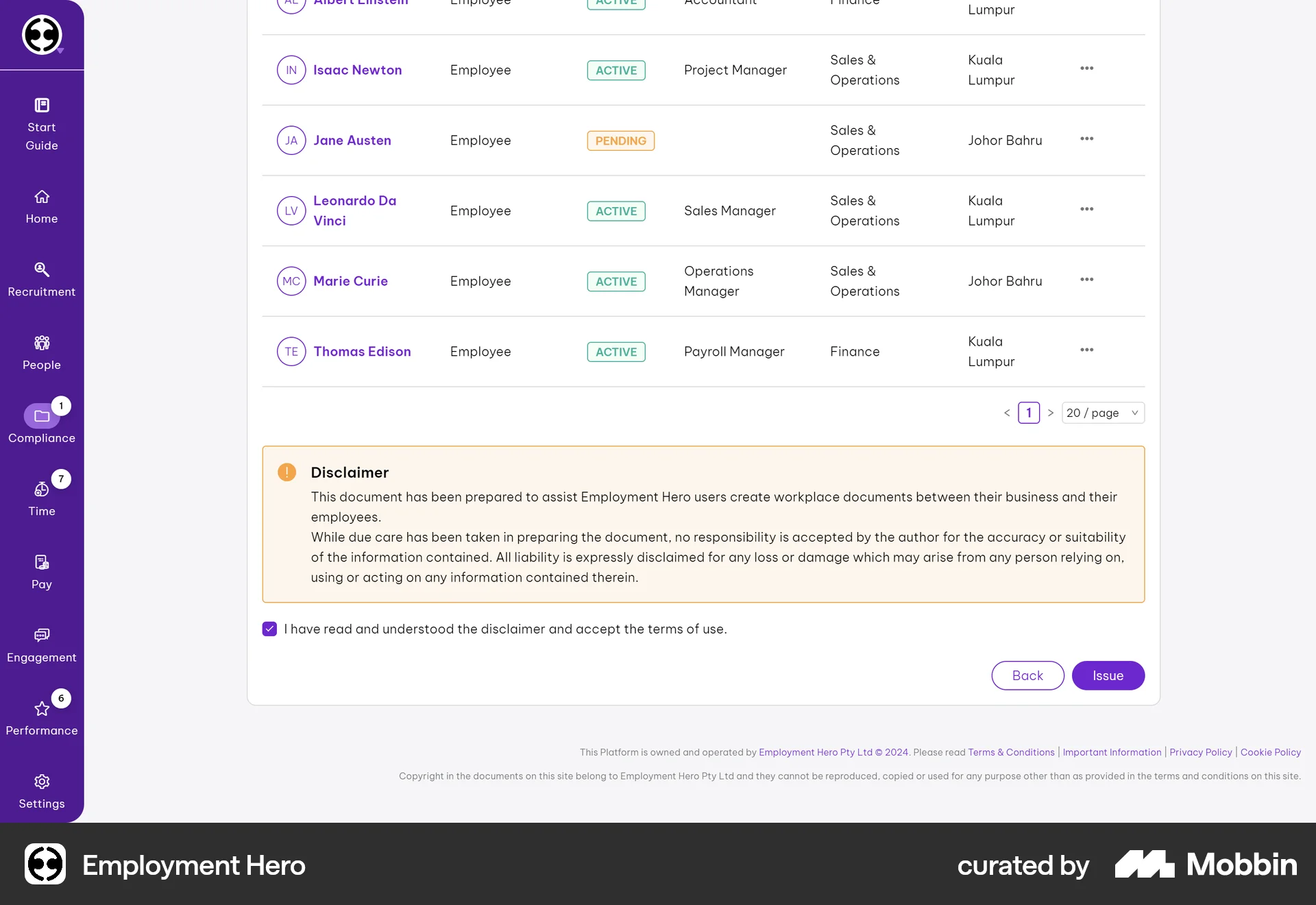 Employment Hero Web Other Action screen