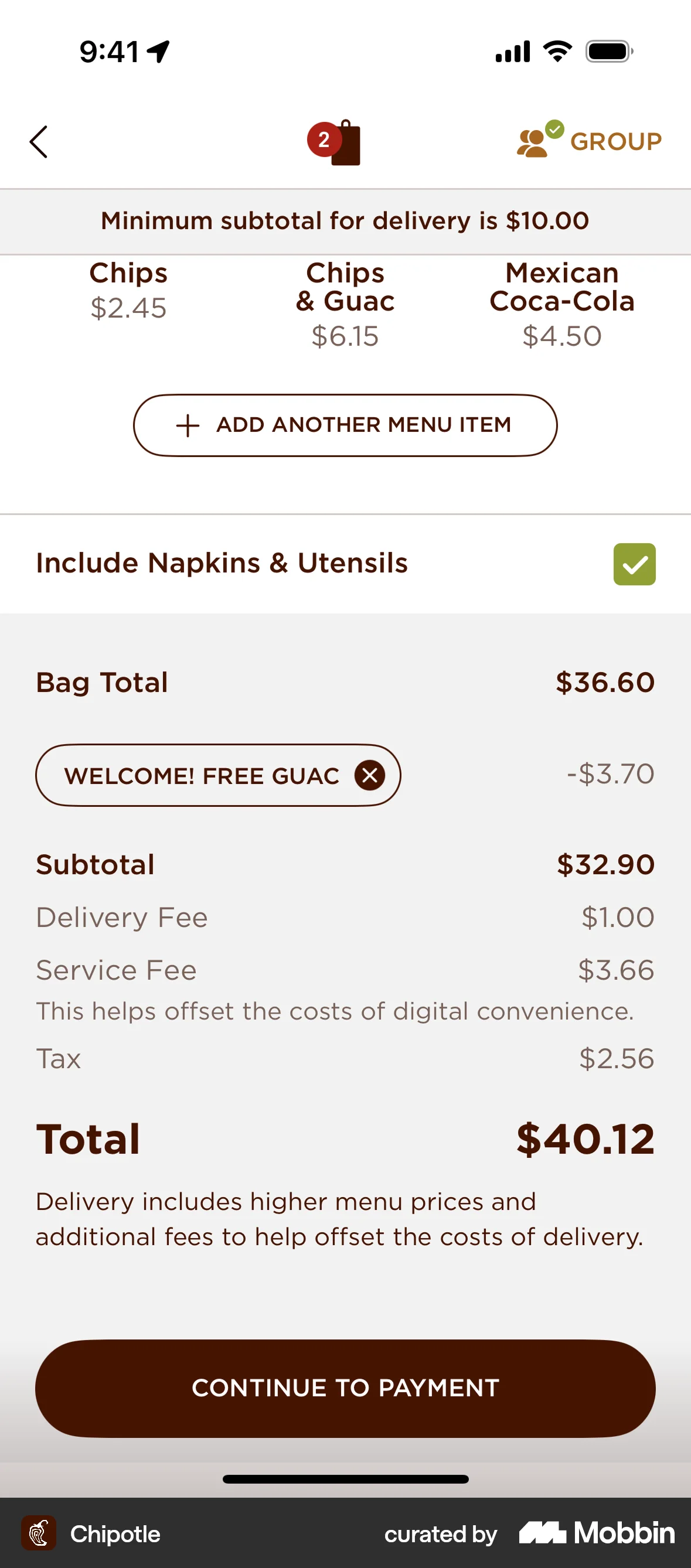 Chipotle iOS Pricing screen