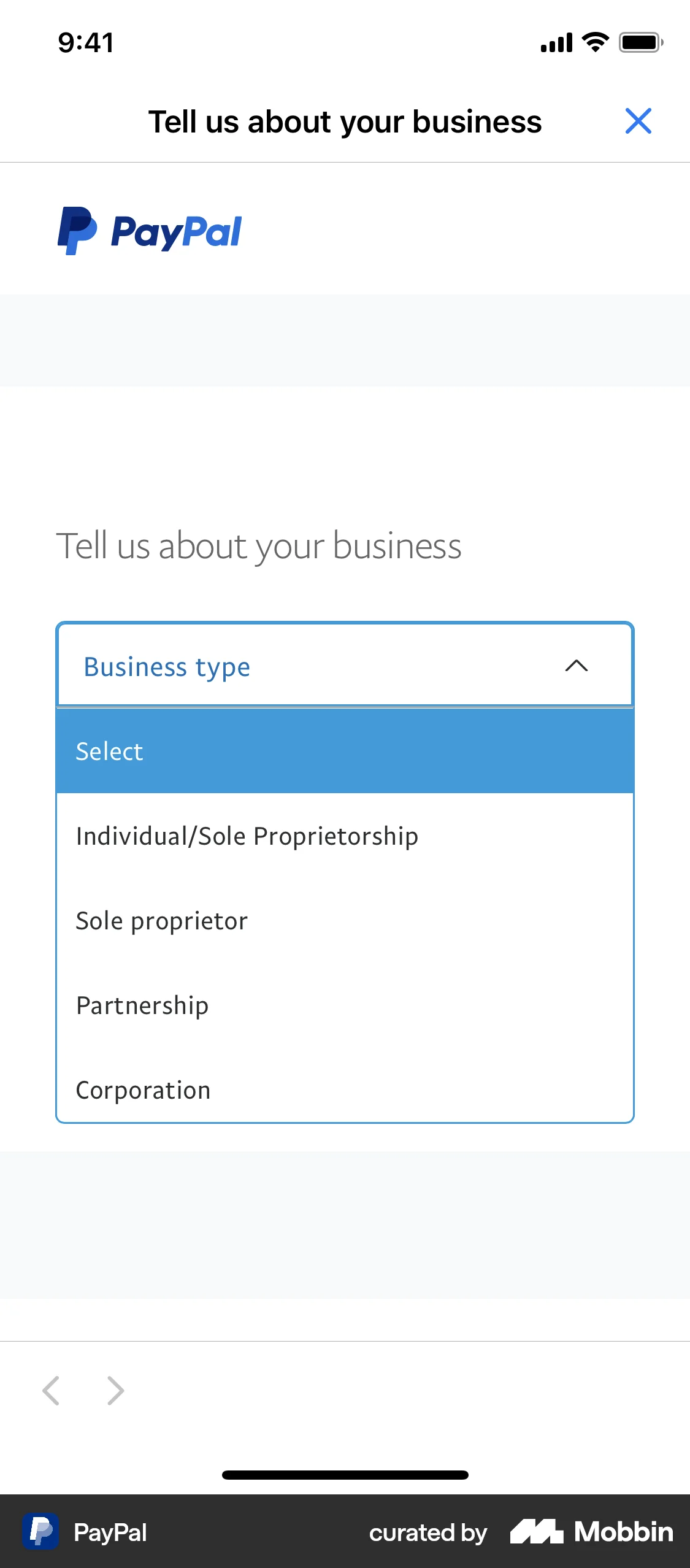 PayPal iOS screen containing Dropdown Menu UI element