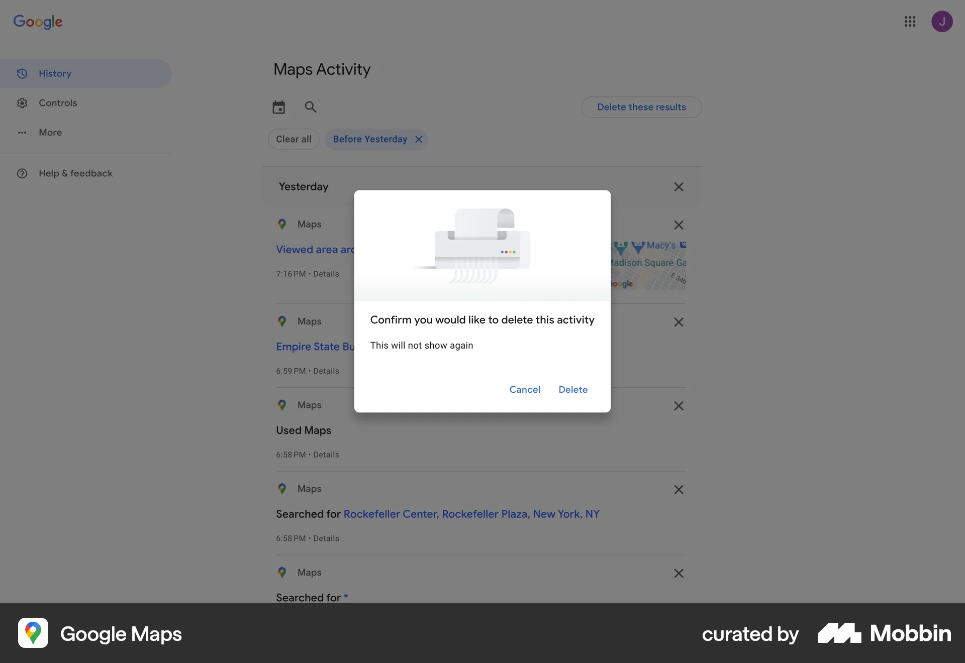 Google Maps Web Delete screen