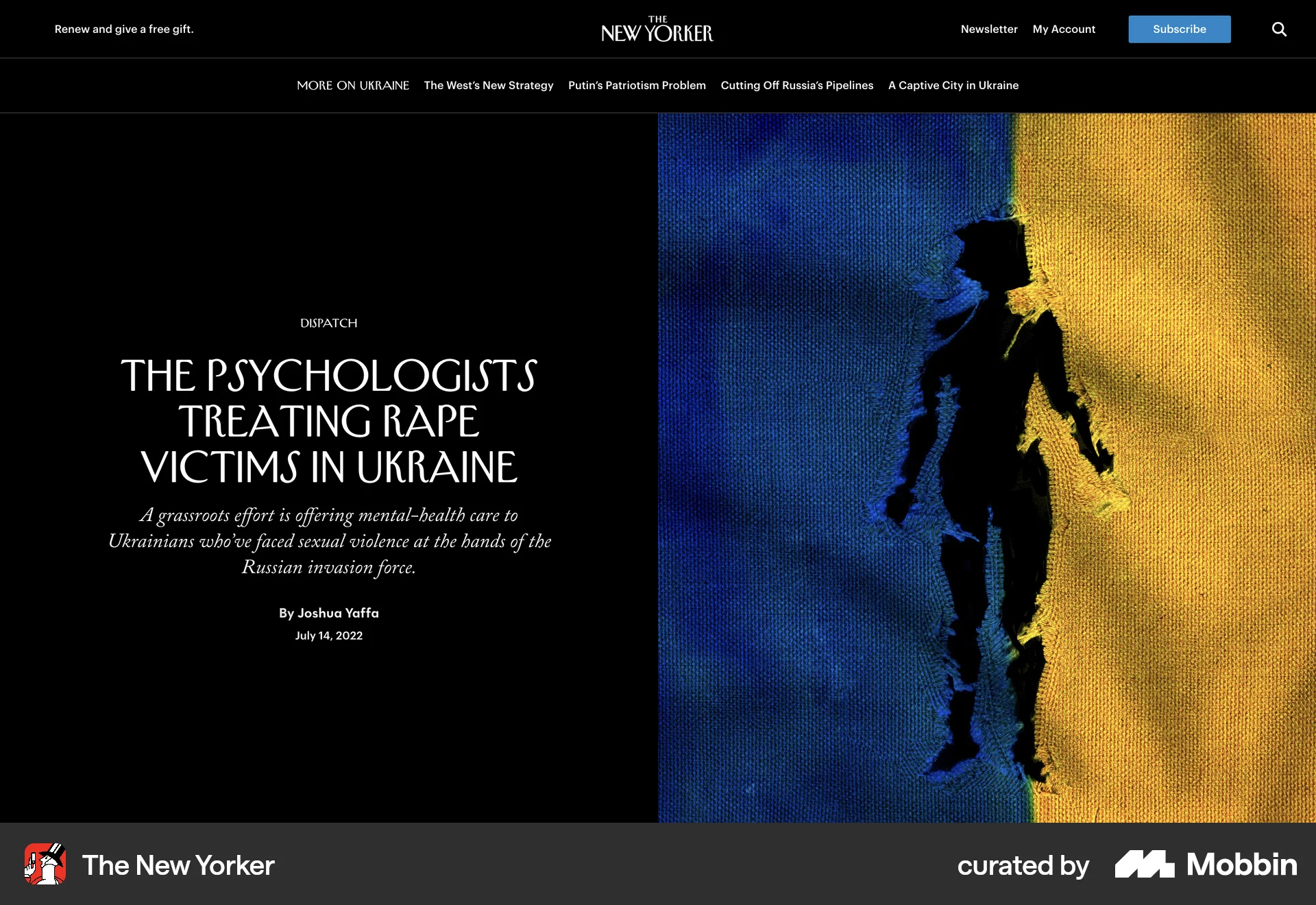 The New Yorker Web Article Detail screen