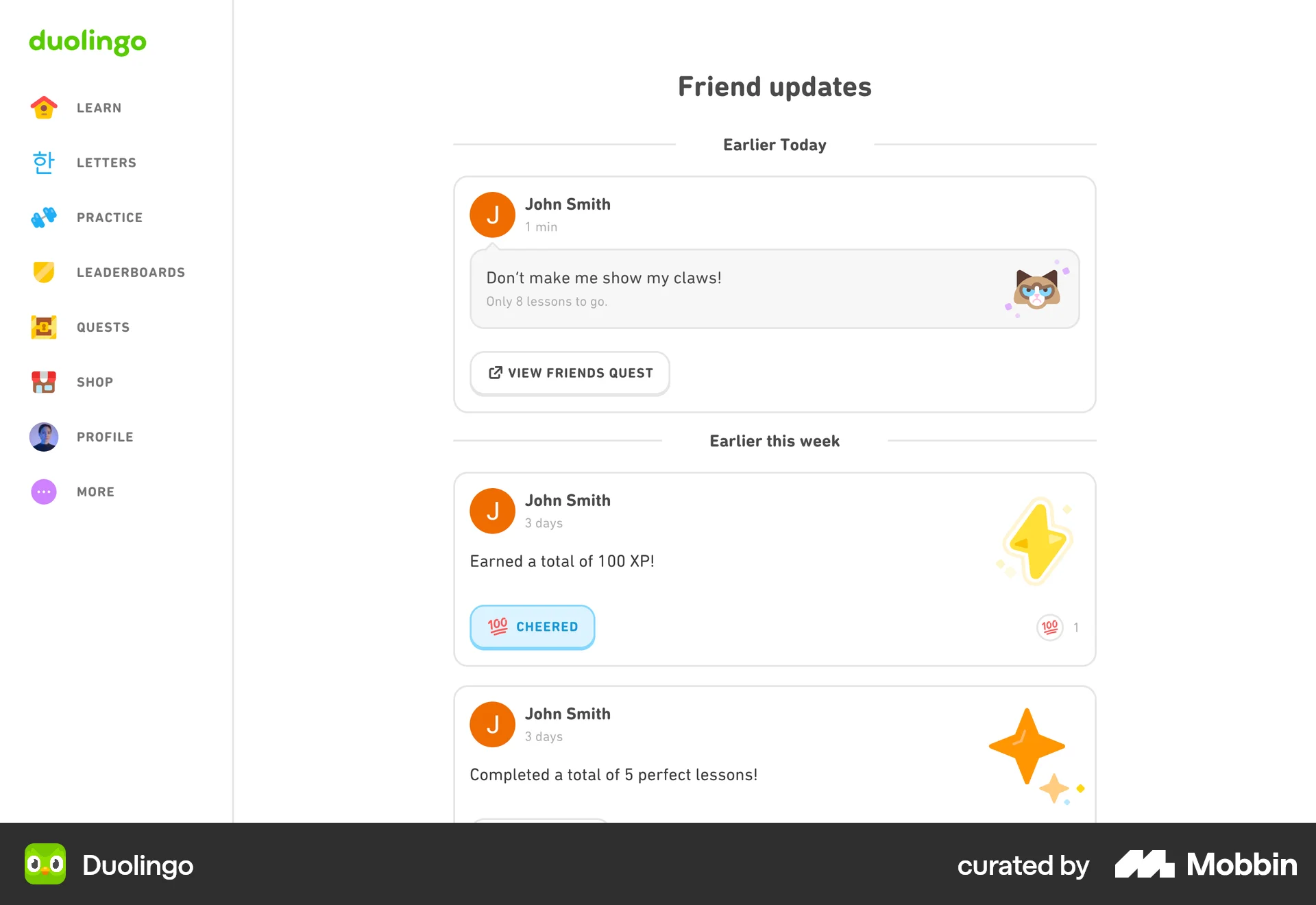 Duolingo Web Social Feed screen