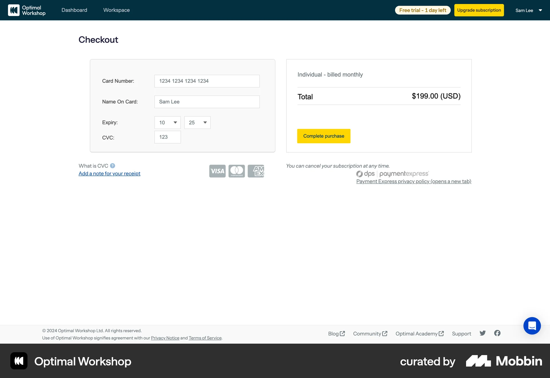 Optimal Workshop Web Checkout screen