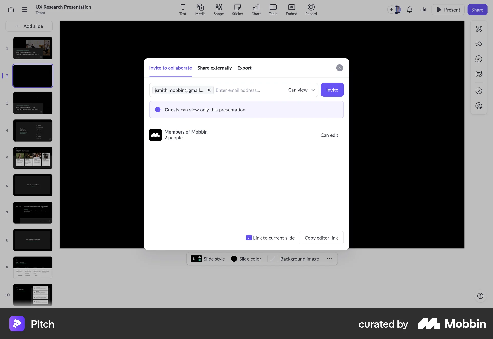 Pitch Web Invite Teammates screen