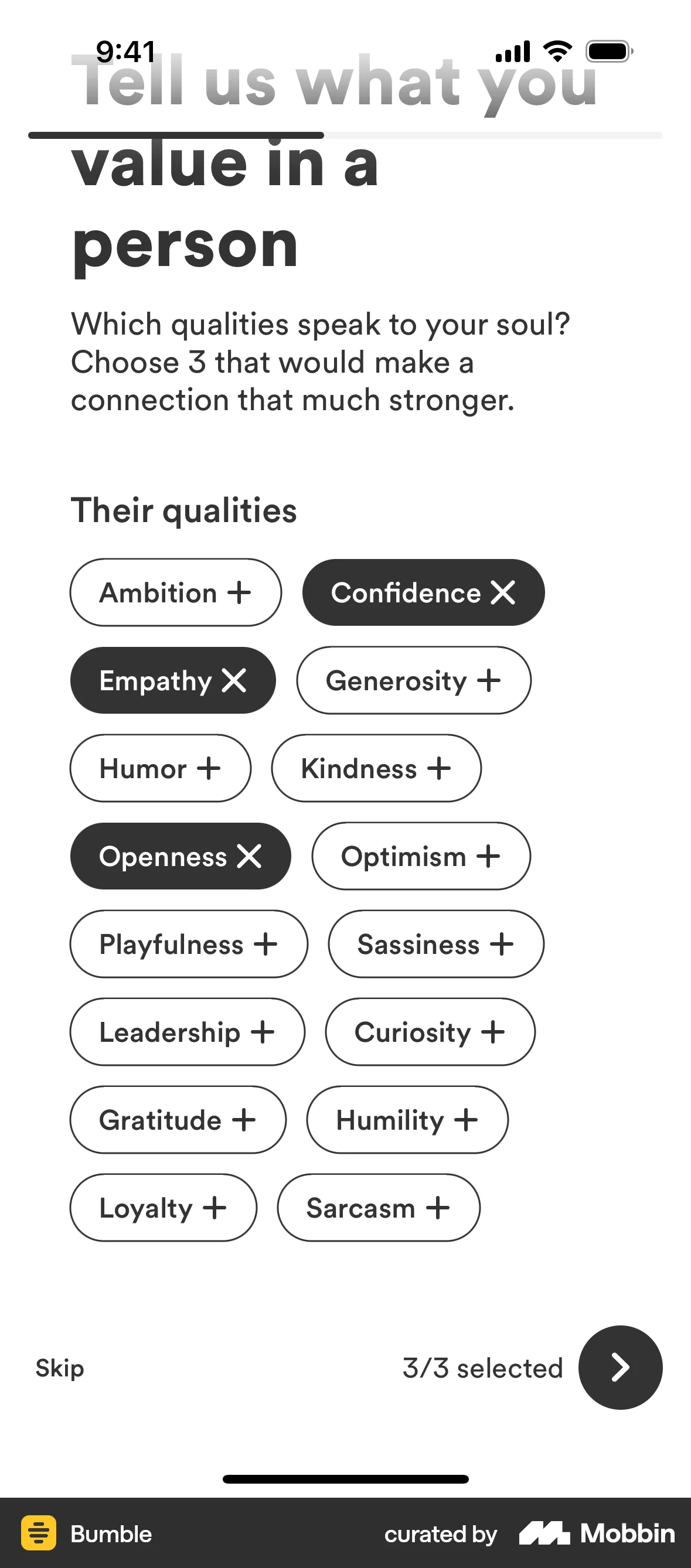 Bumble iOS screen containing Chip UI element