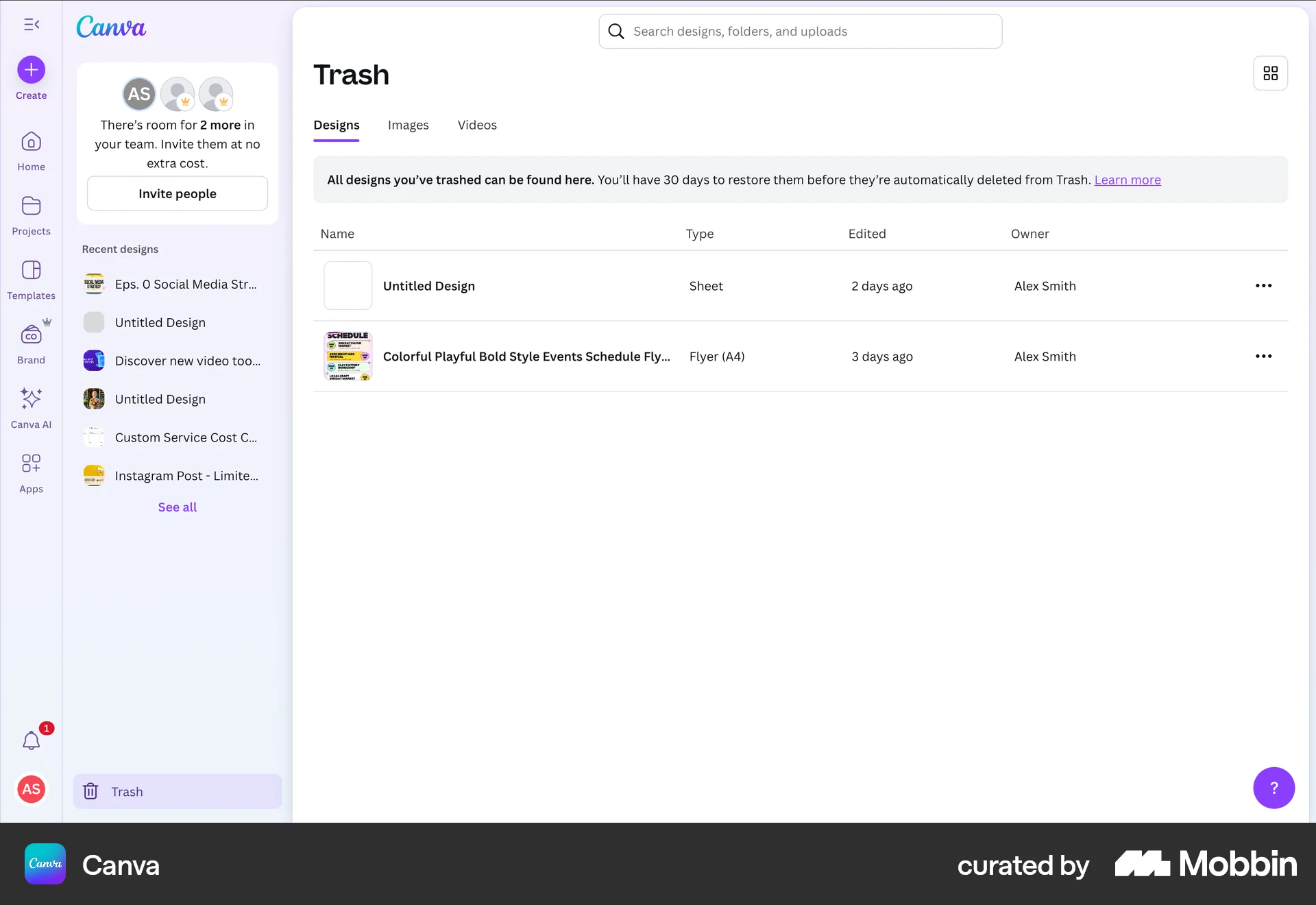 Canva Web Trash & Archive screen