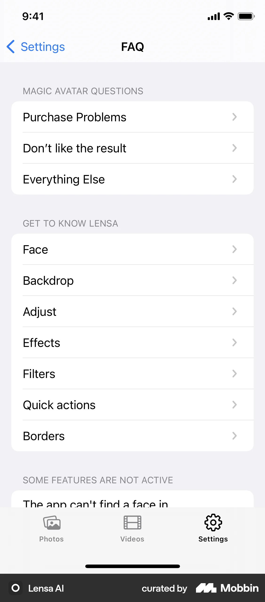 Lensa AI iOS Help & Support screen