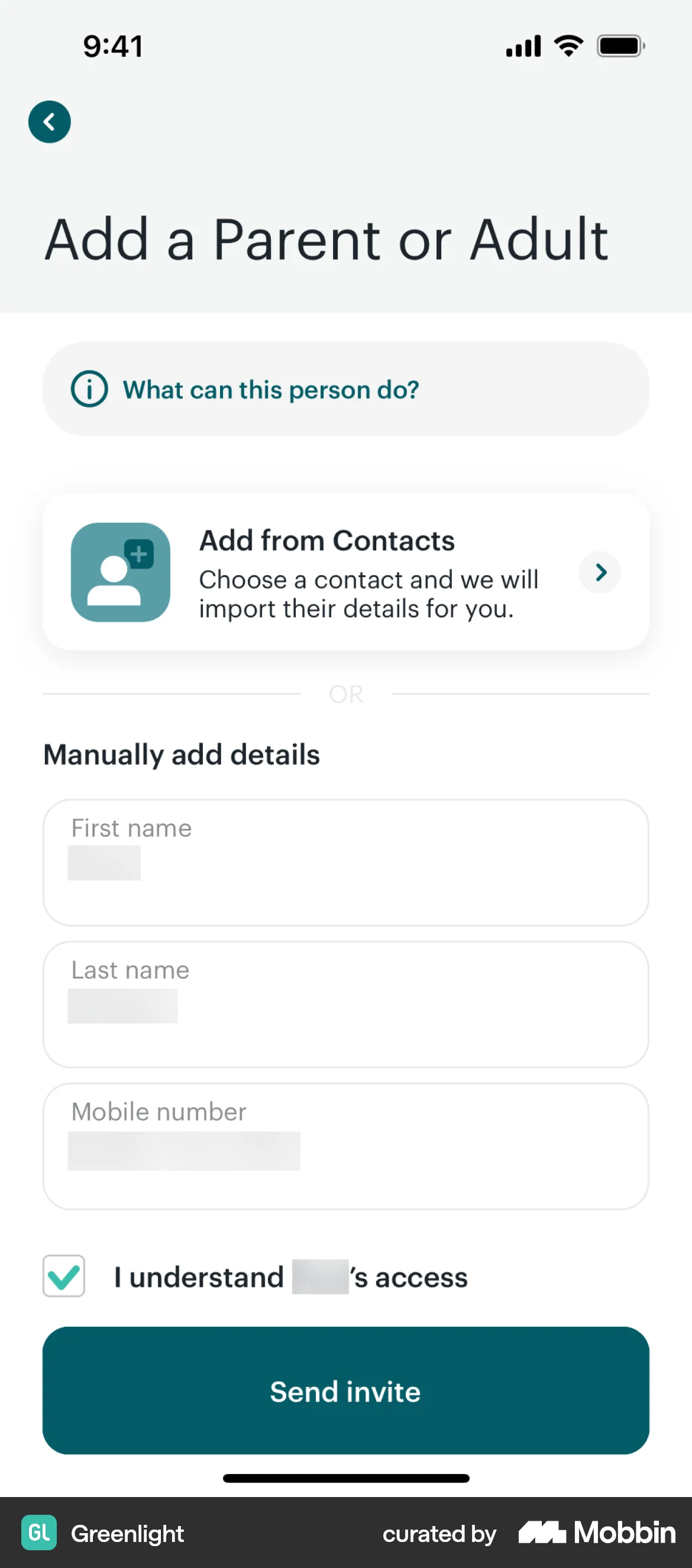Greenlight iOS Invite Teammates screen