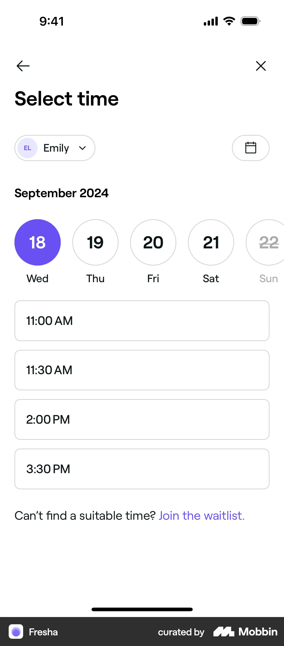 Fresha iOS screen containing Time Picker UI element
