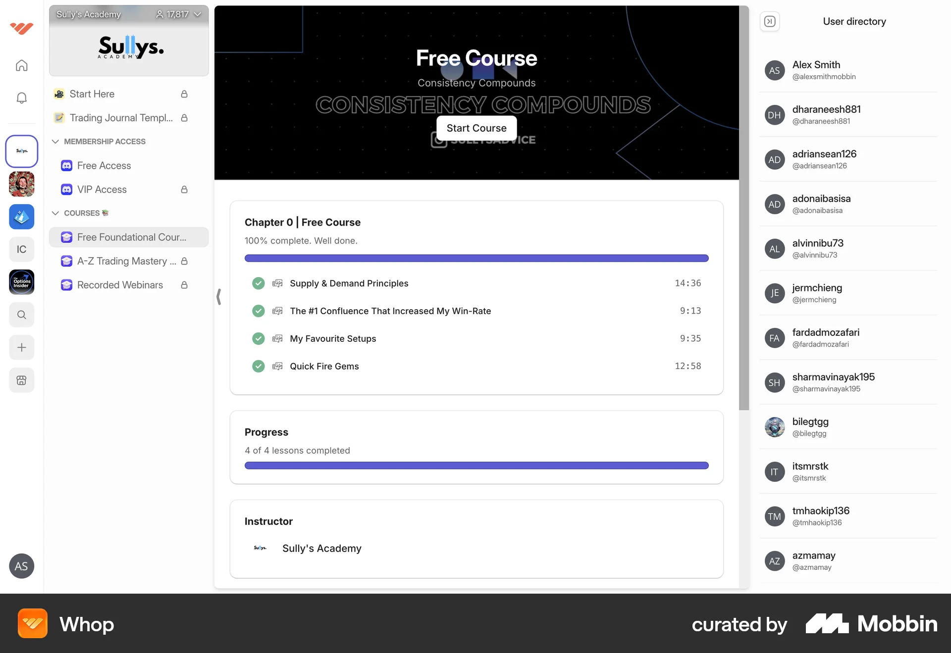 Whop Web Class & Lesson Detail screen