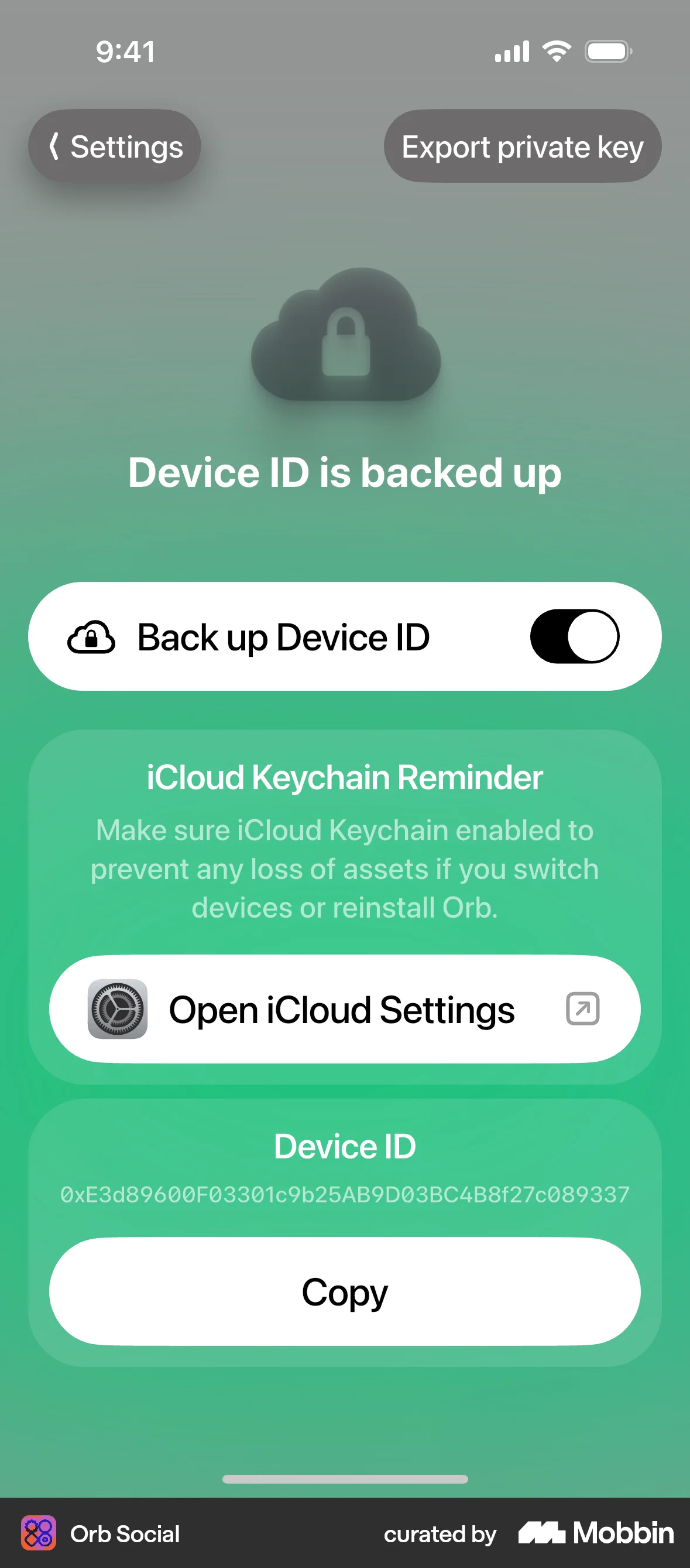 Orb Social iOS Settings & Preferences screen