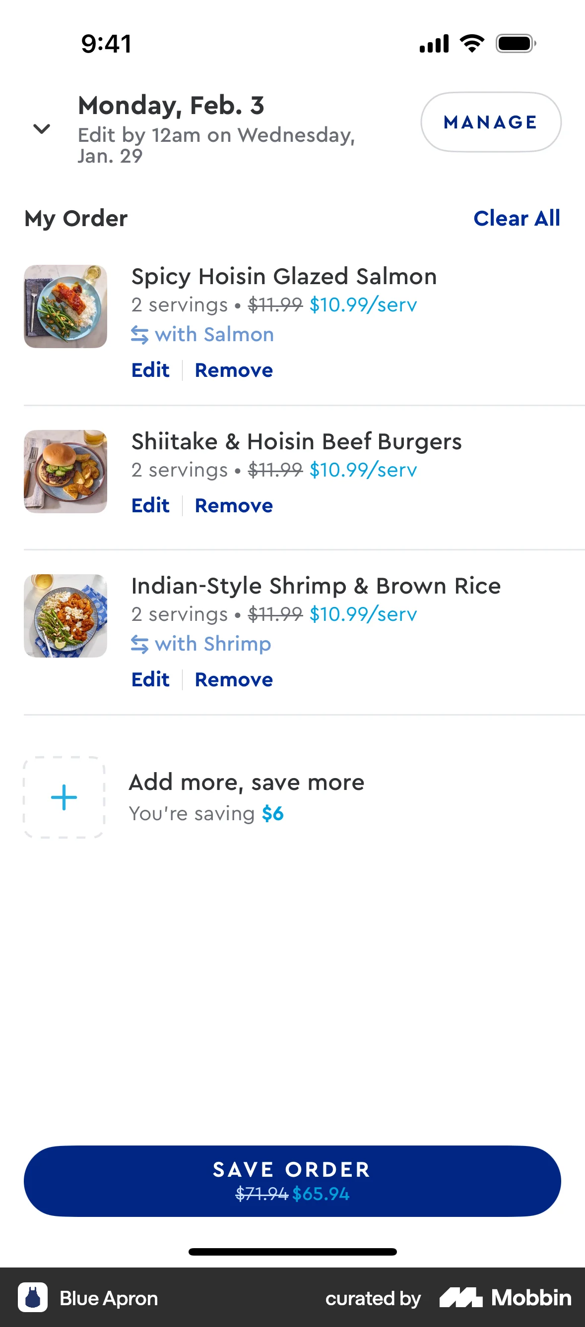 Blue Apron iOS Mobile Shopping Cart screen