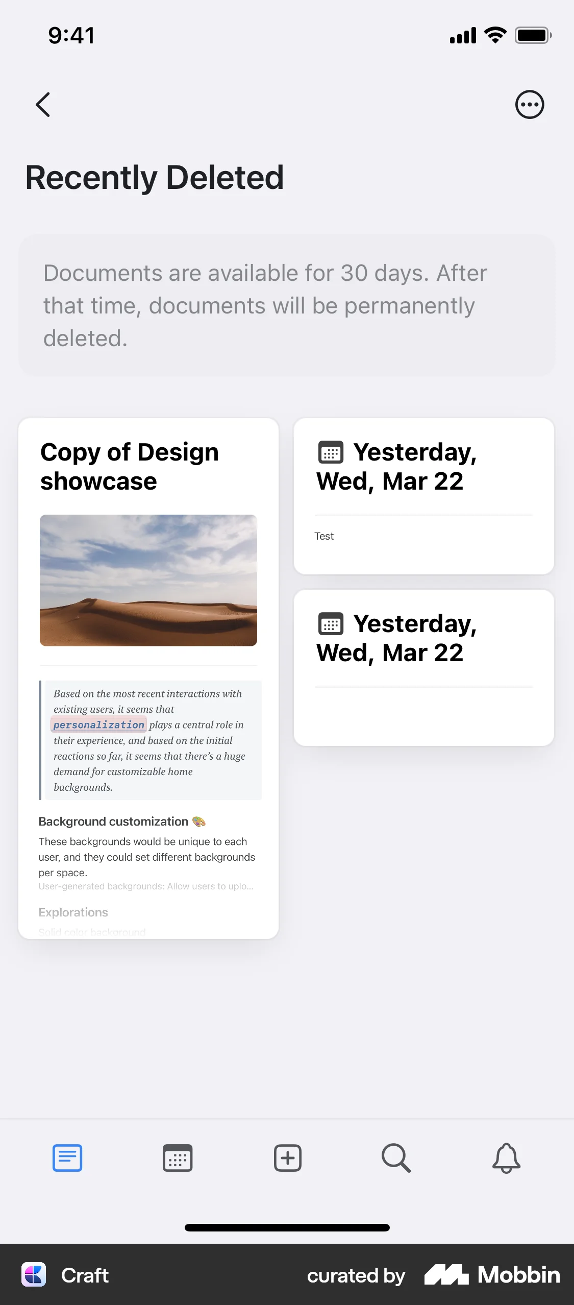 Craft iOS Trash & Archive screen