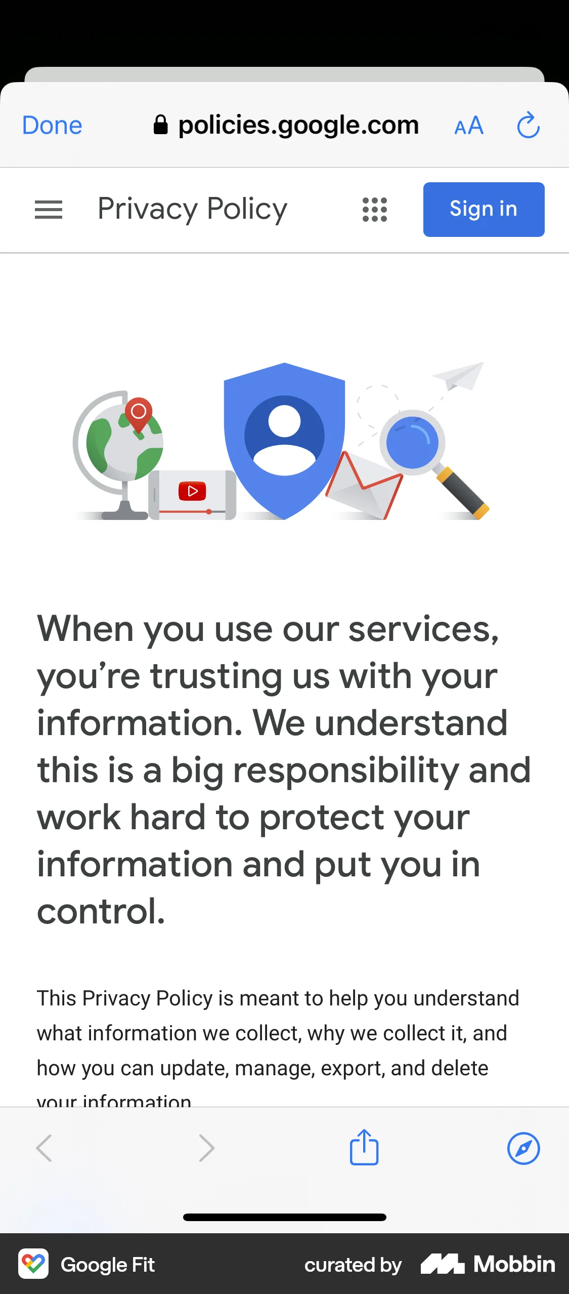 Google Fit iOS Privacy Policy screen