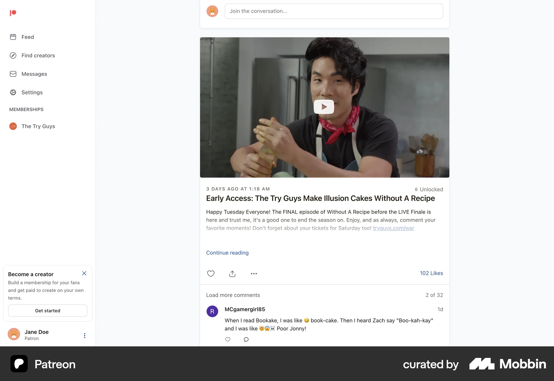 Patreon Web Social Feed screen