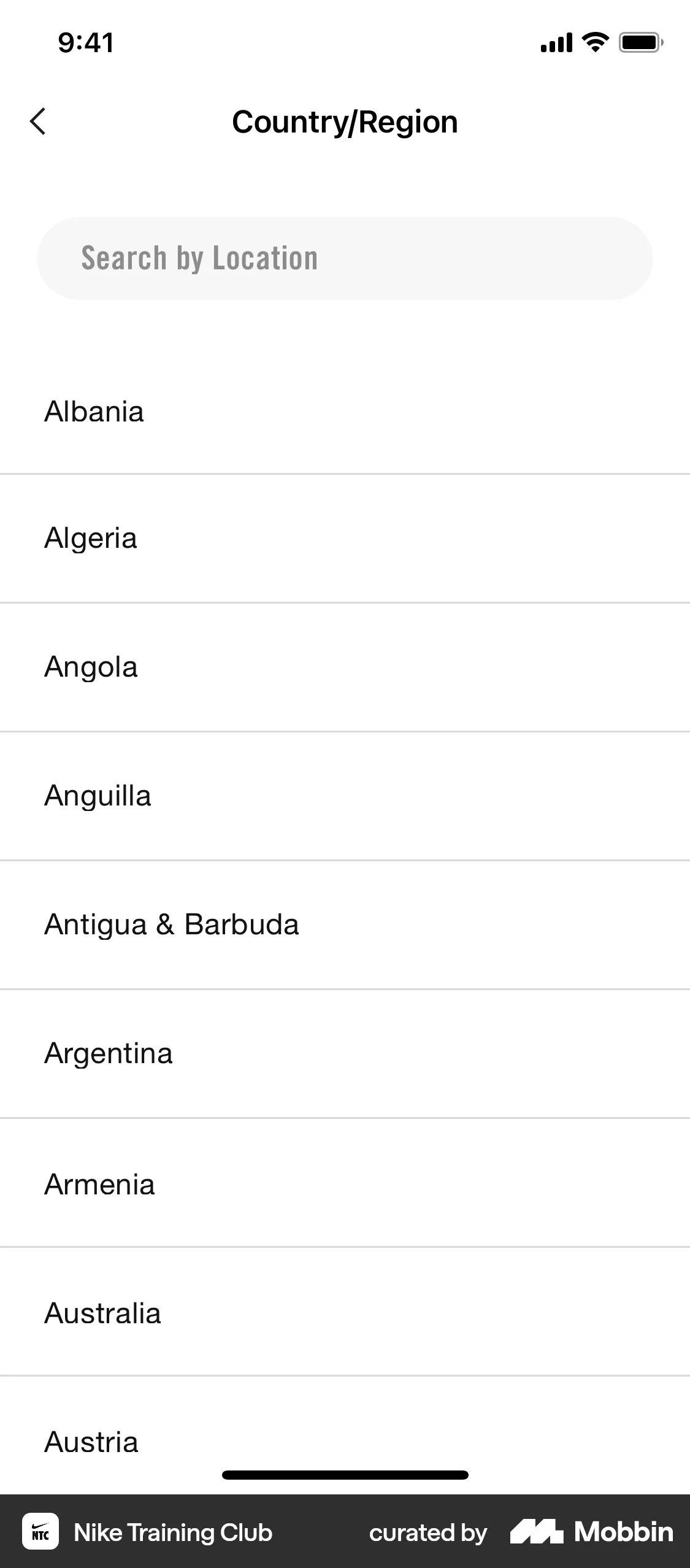 Nike Training Club iOS Location & Address screen