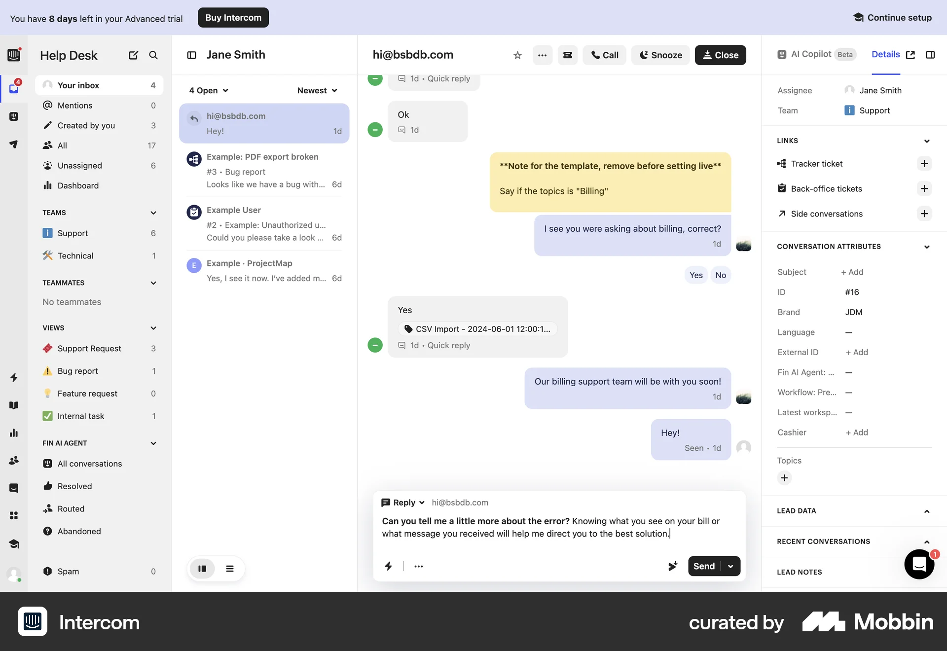 Intercom Web Chat Detail screen