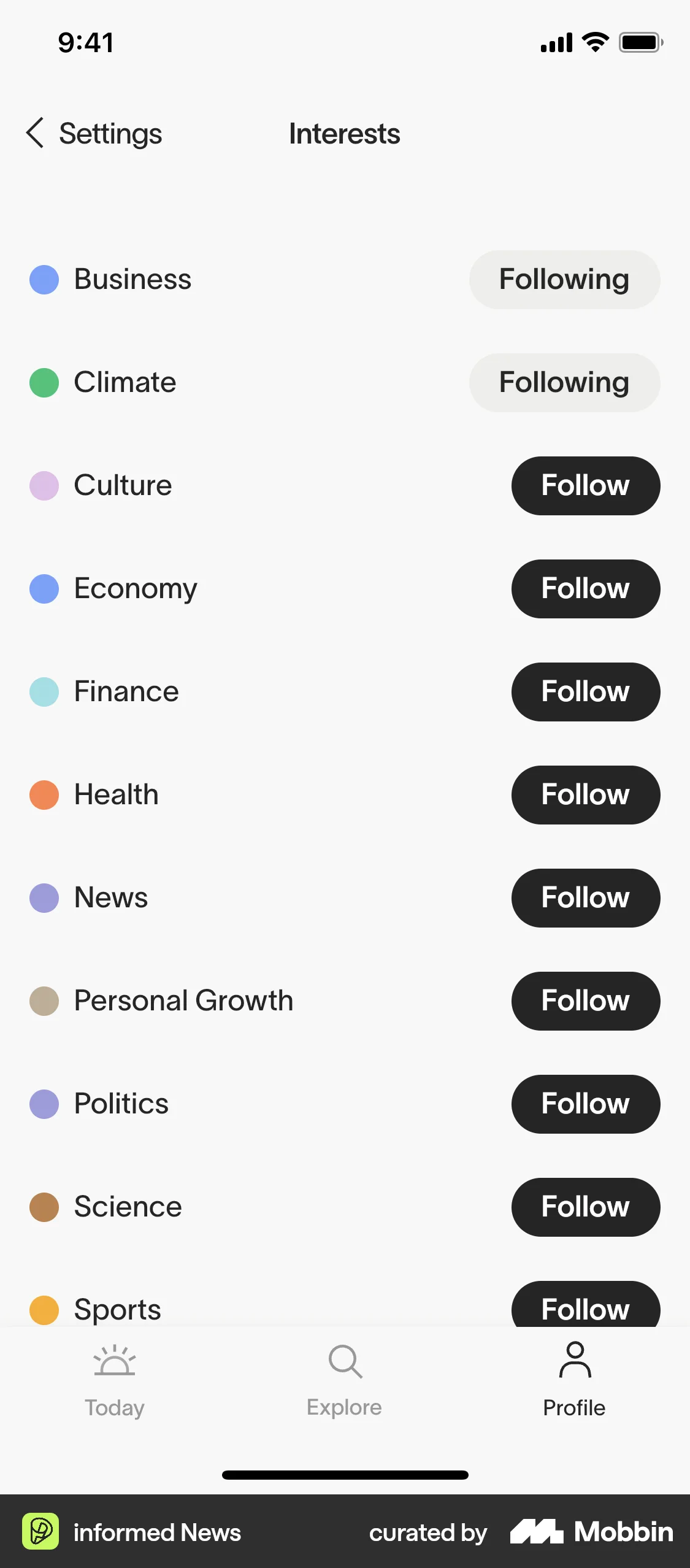 informed News iOS Follow & Subscribe screen