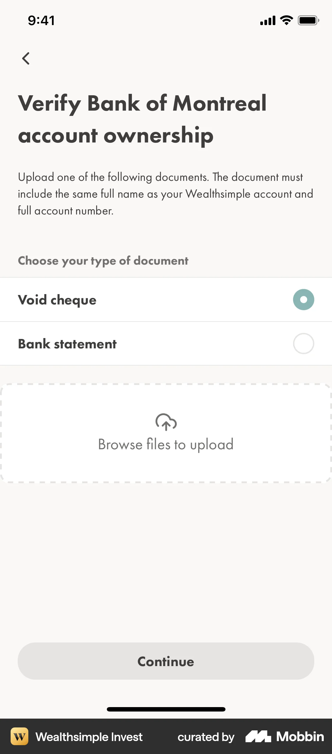 Wealthsimple Invest iOS Upload & Download screen