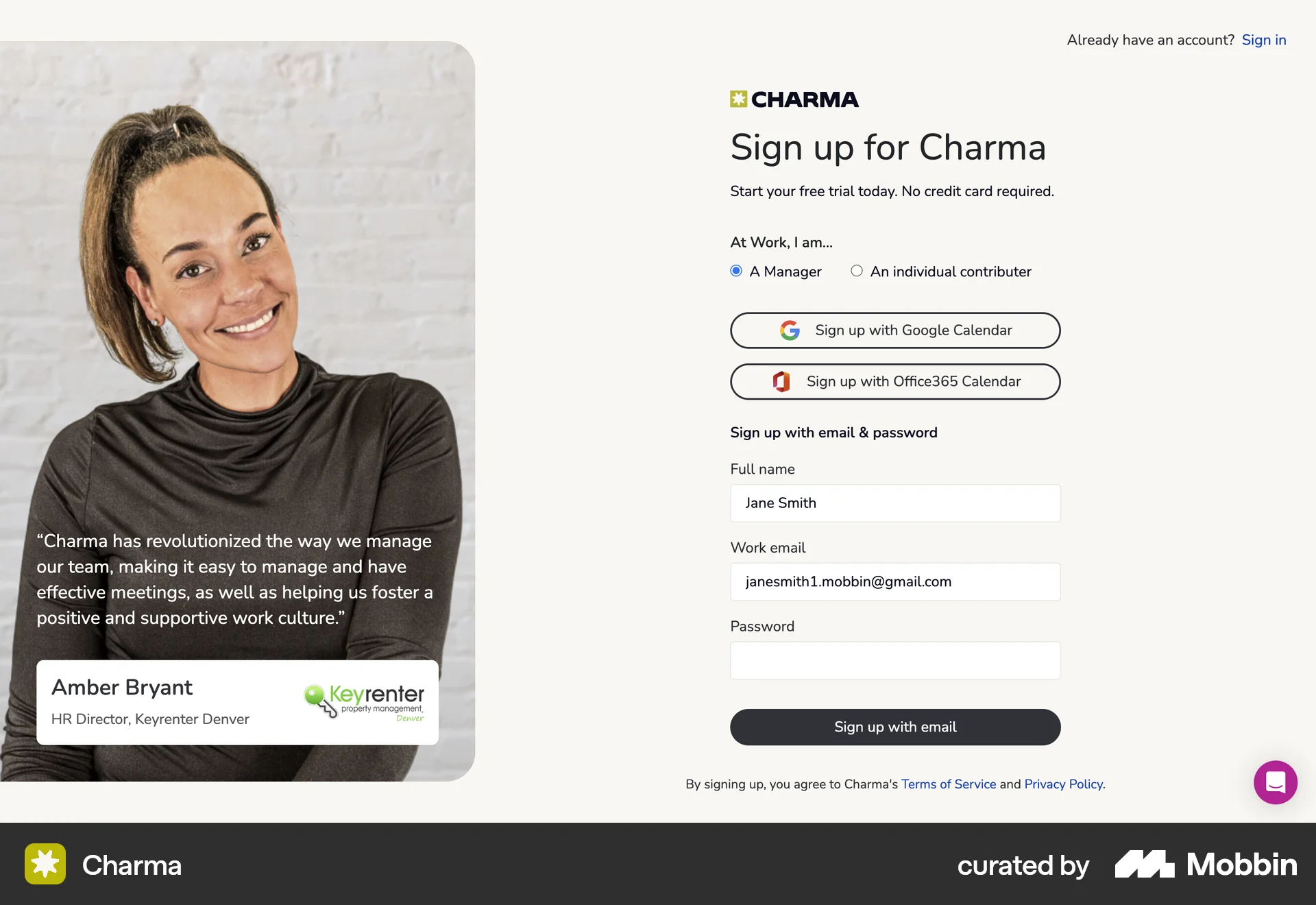 Charma Web Signup screen
