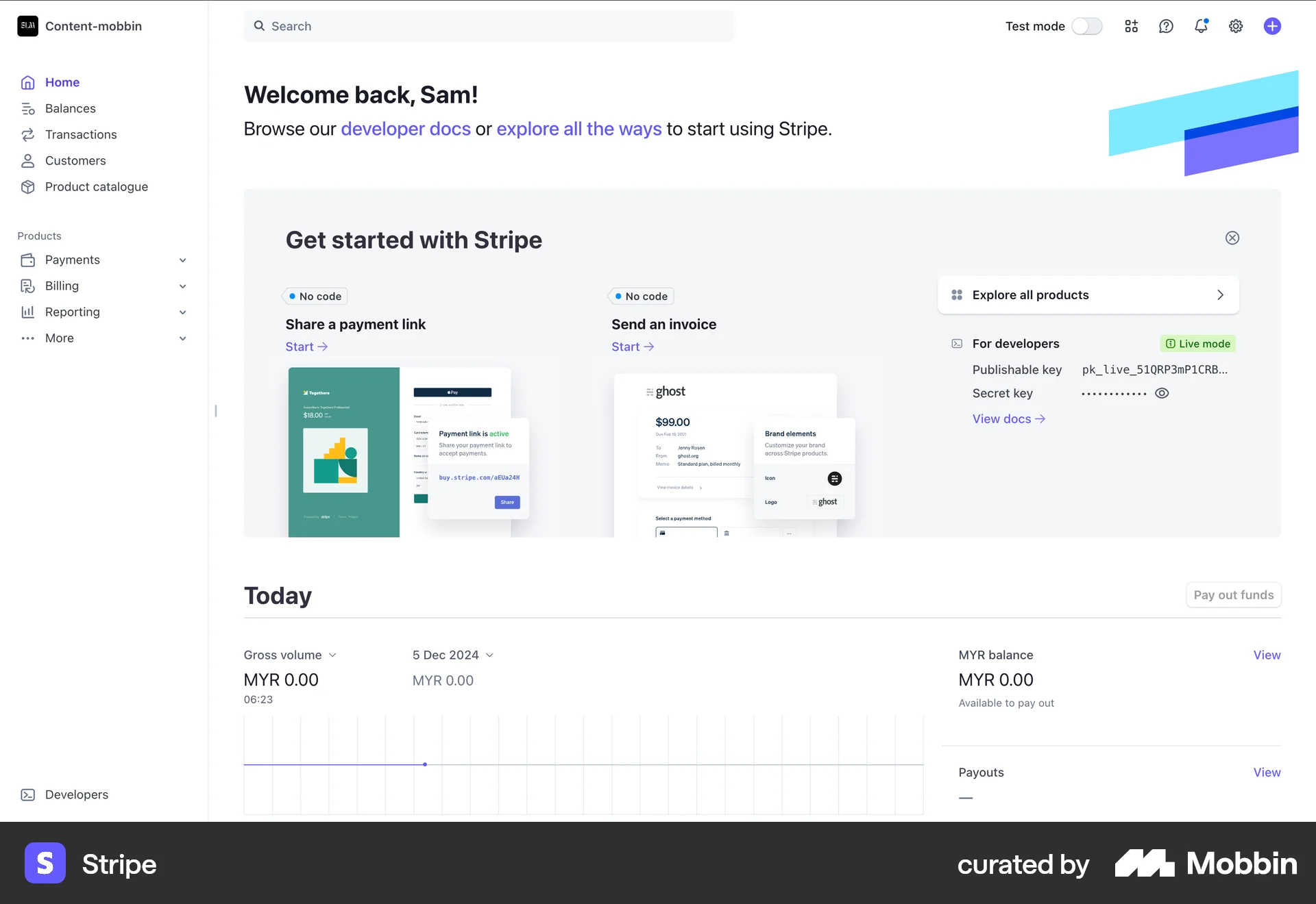 Stripe Web Home screen