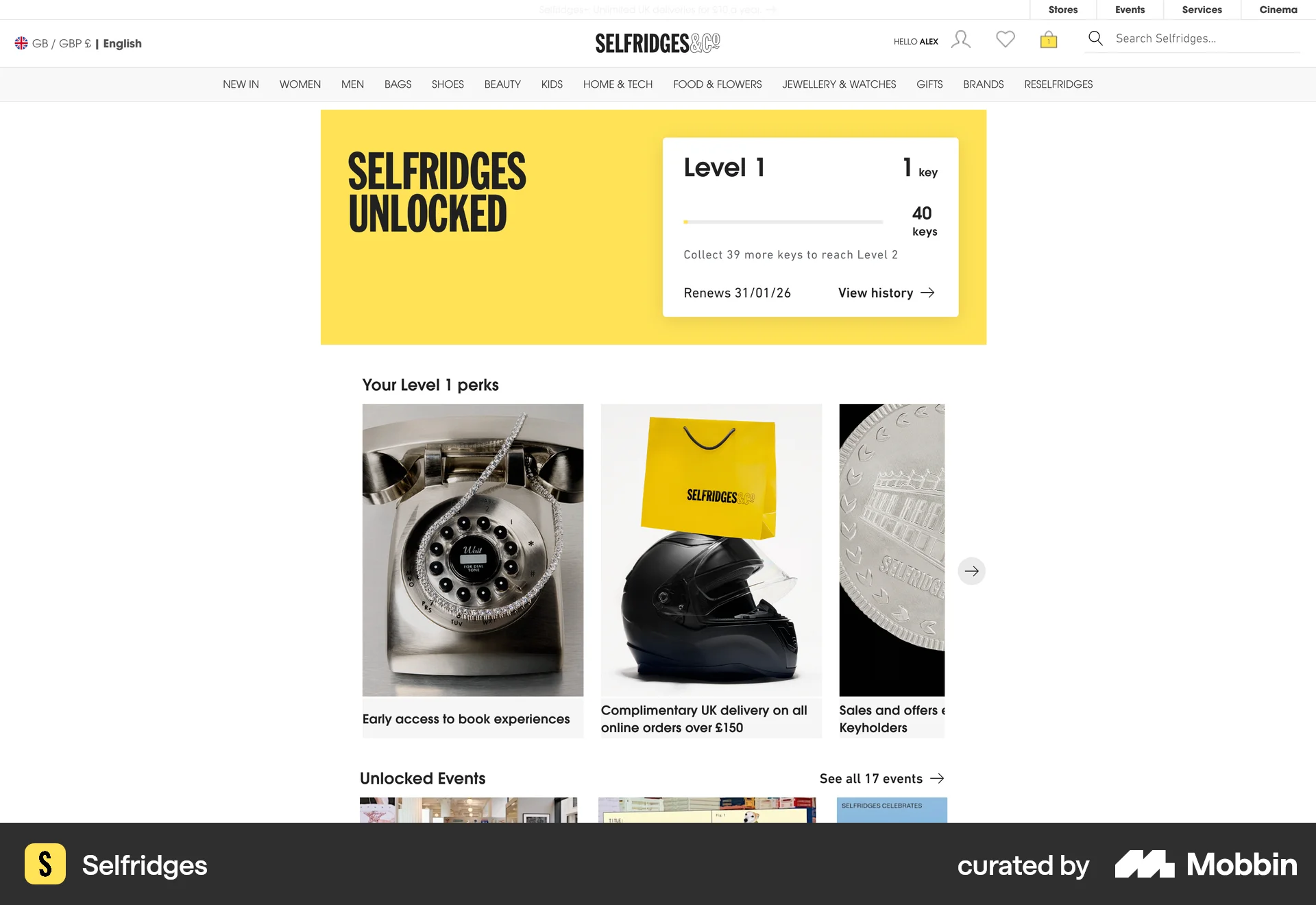 Selfridges Web Wallet & Balance screen