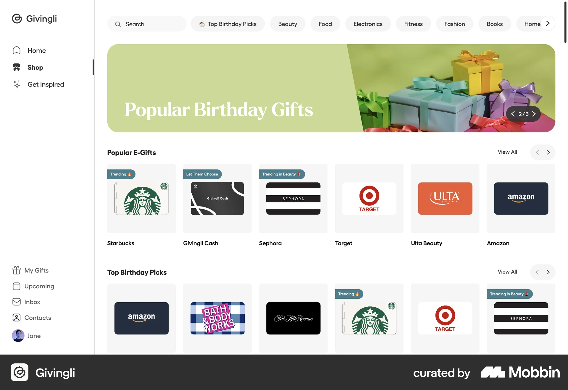 Givingli Web Shop & Storefront screen