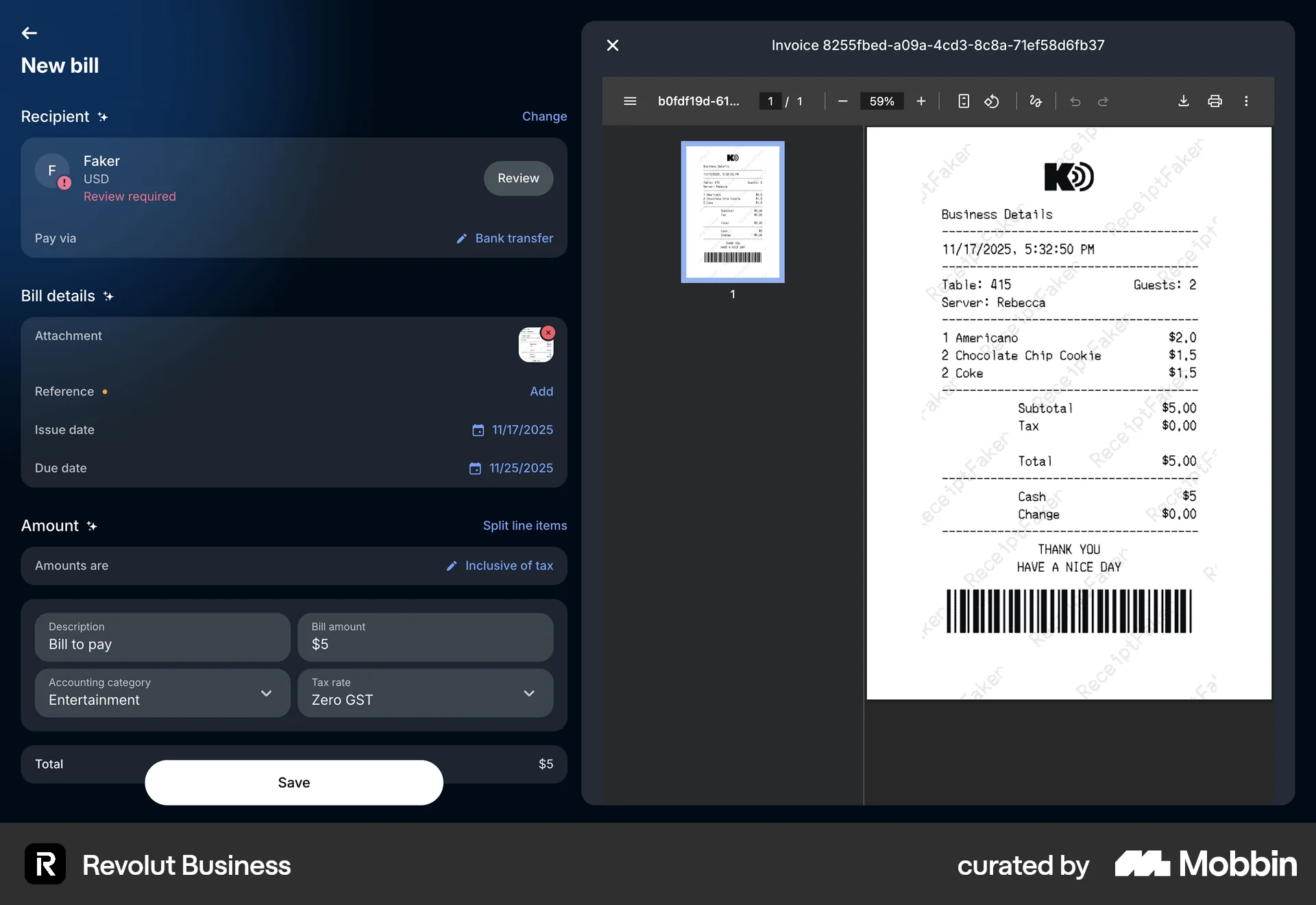 Revolut Business Adding a bill screen
