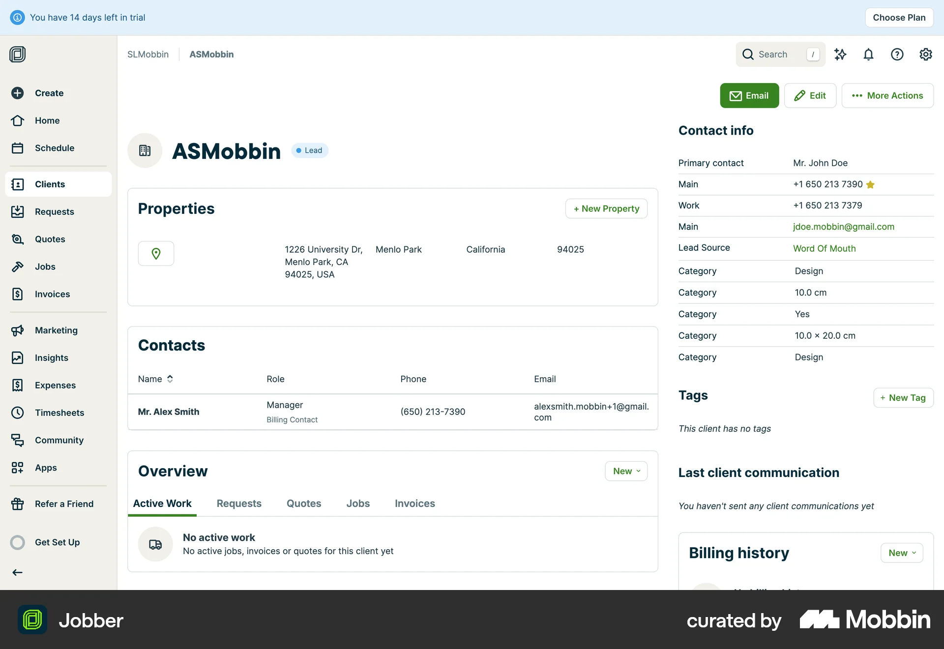 Jobber Web screen containing Toolbar UI element