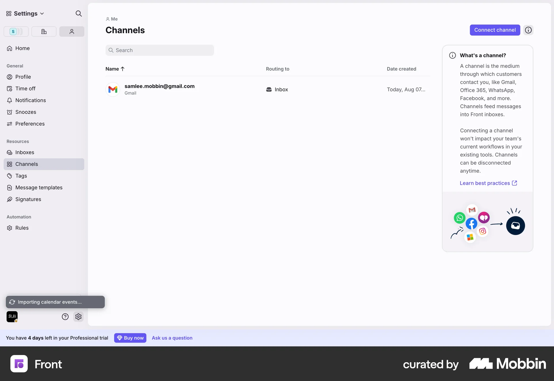 Front Web Import & Export screen