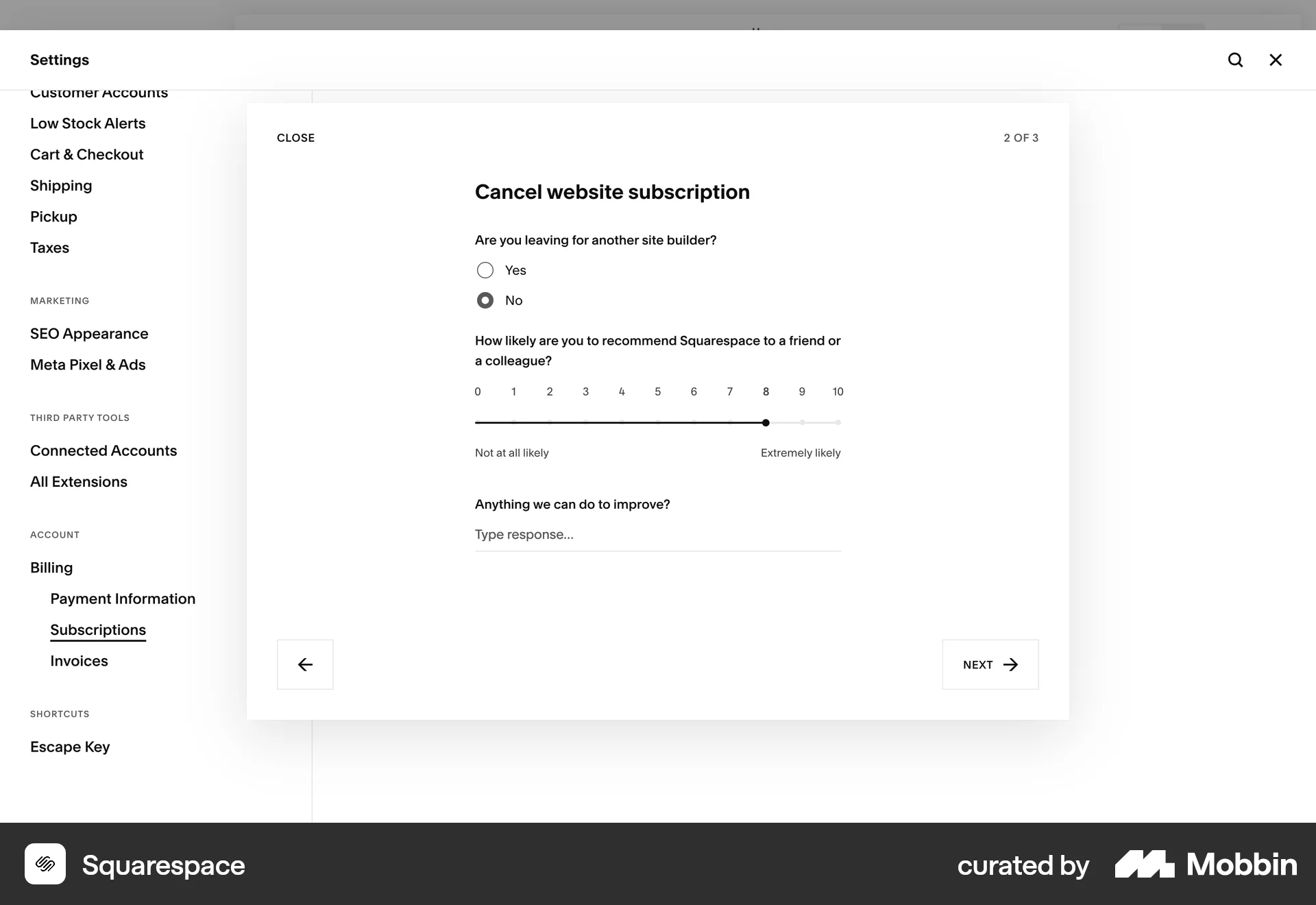 Squarespace Web Cancel screen