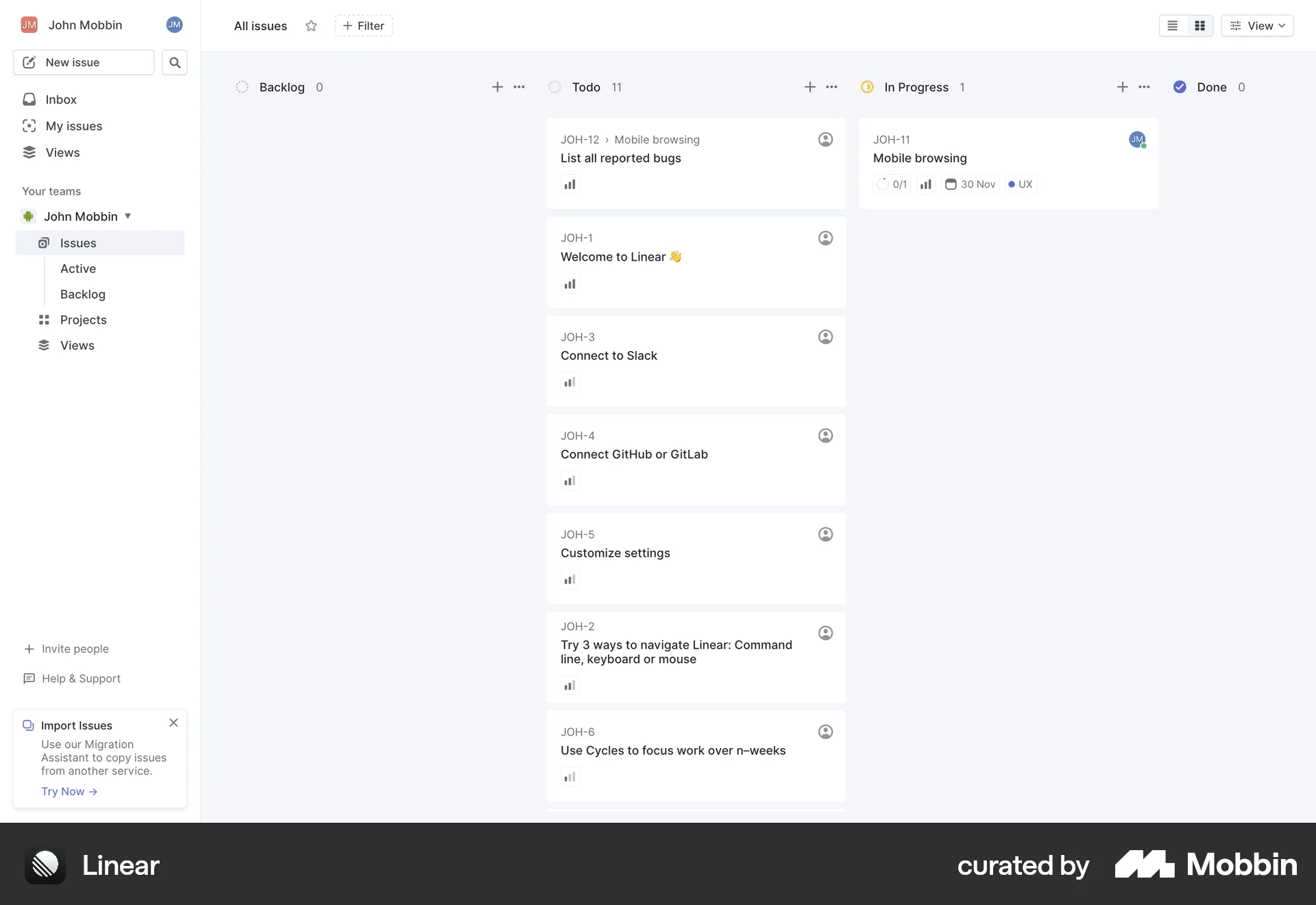Linear Web Kanban Board screen
