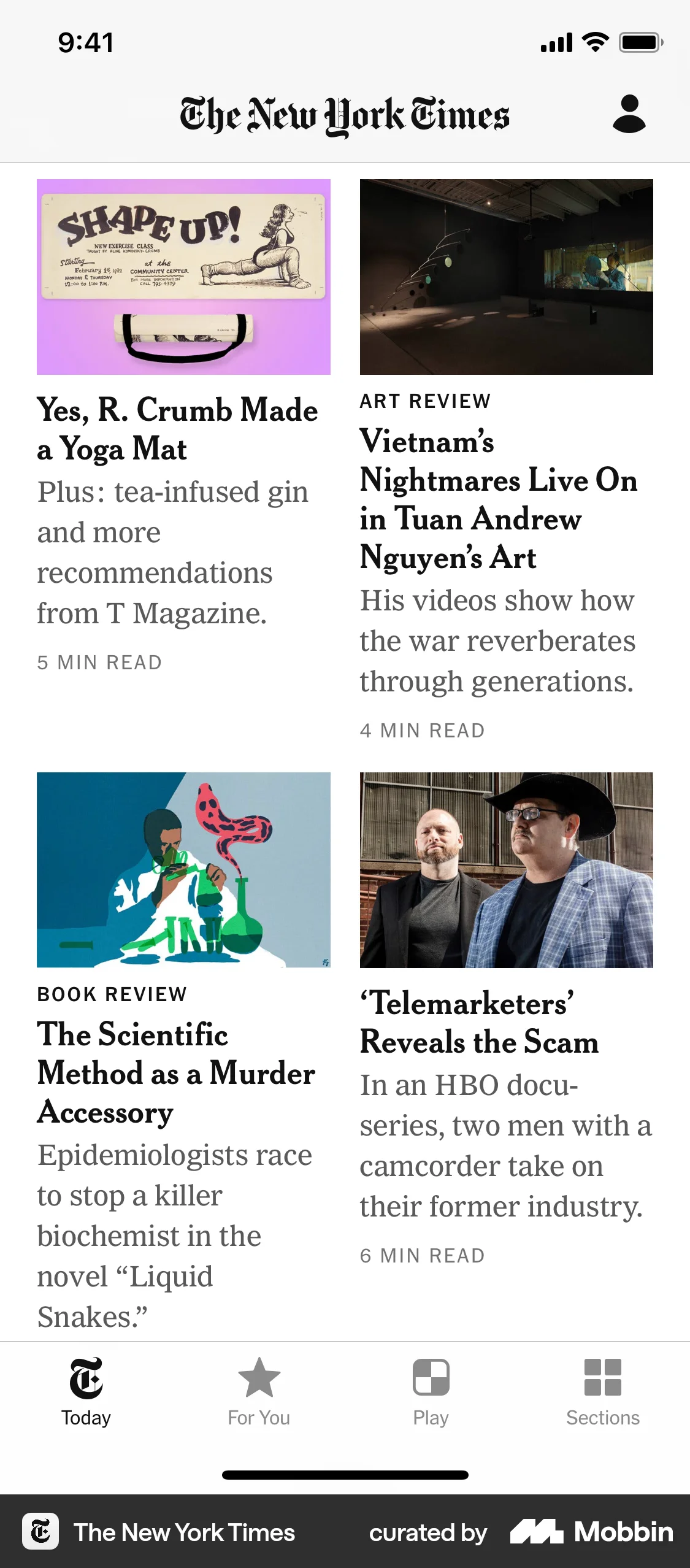 The New York Times iOS News Feed screen