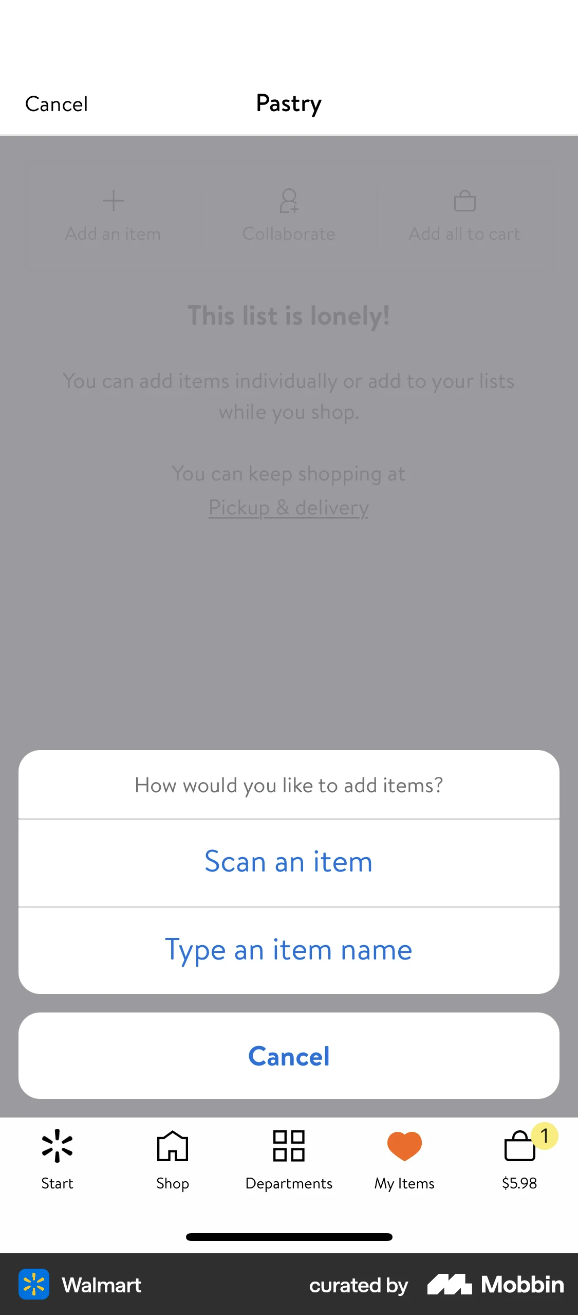 Walmart iOS screen containing Action Sheet UI element