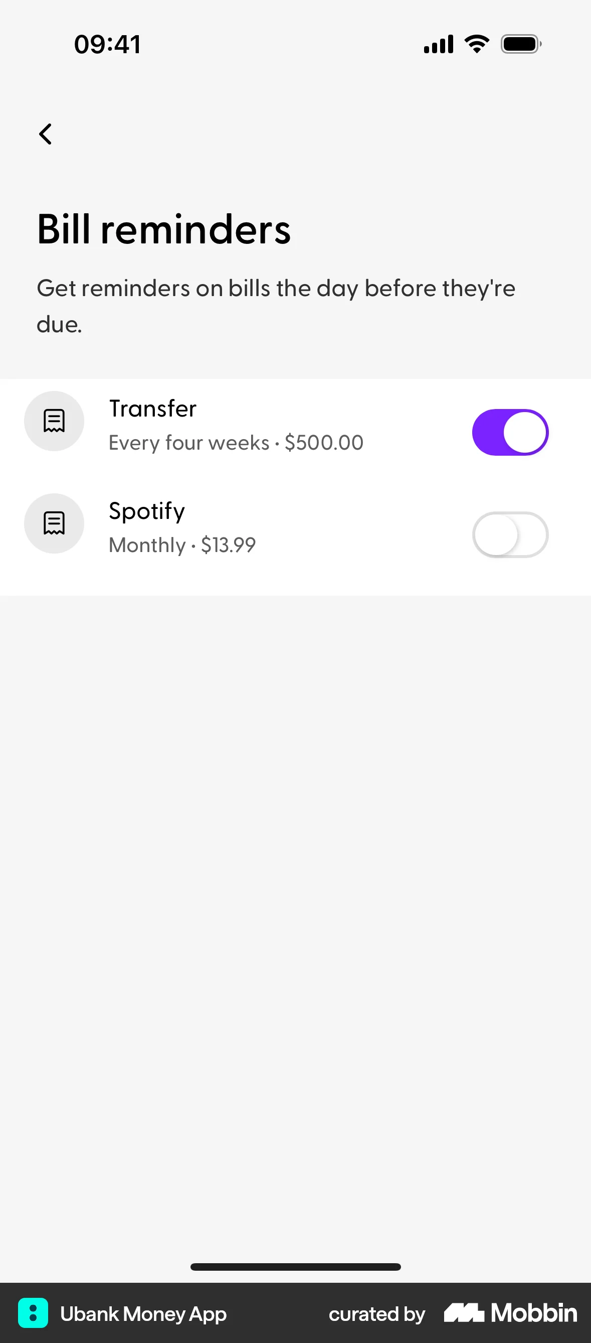 Ubank Money App iOS Reminder screen