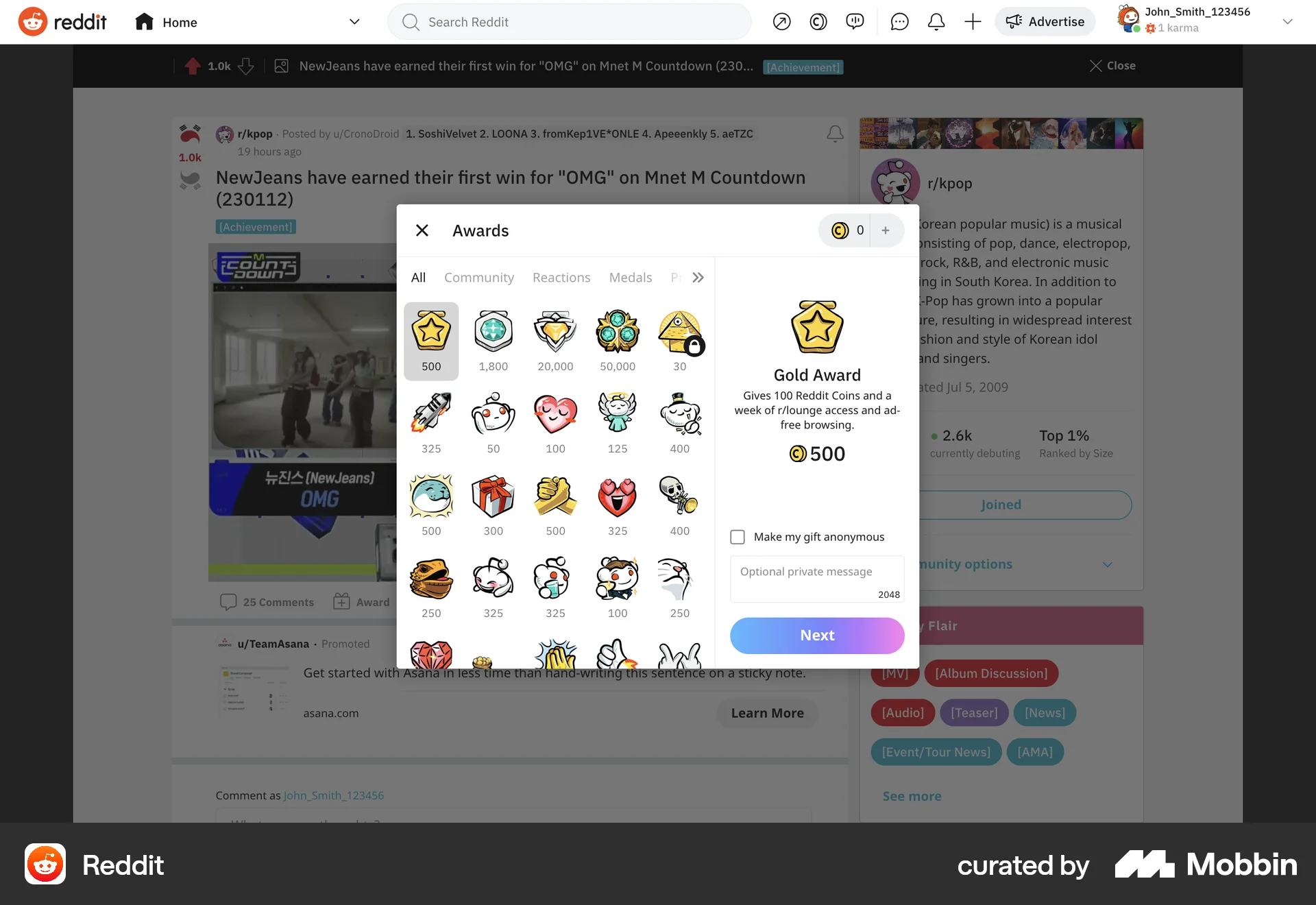 Reddit Web Achievements & Awards screen