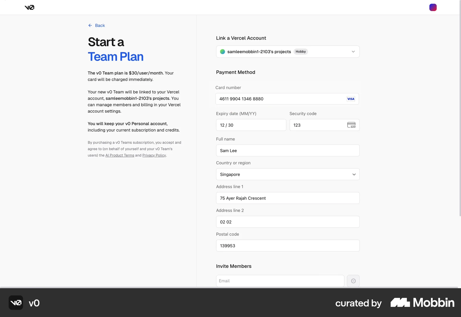 v0 Web Checkout screen