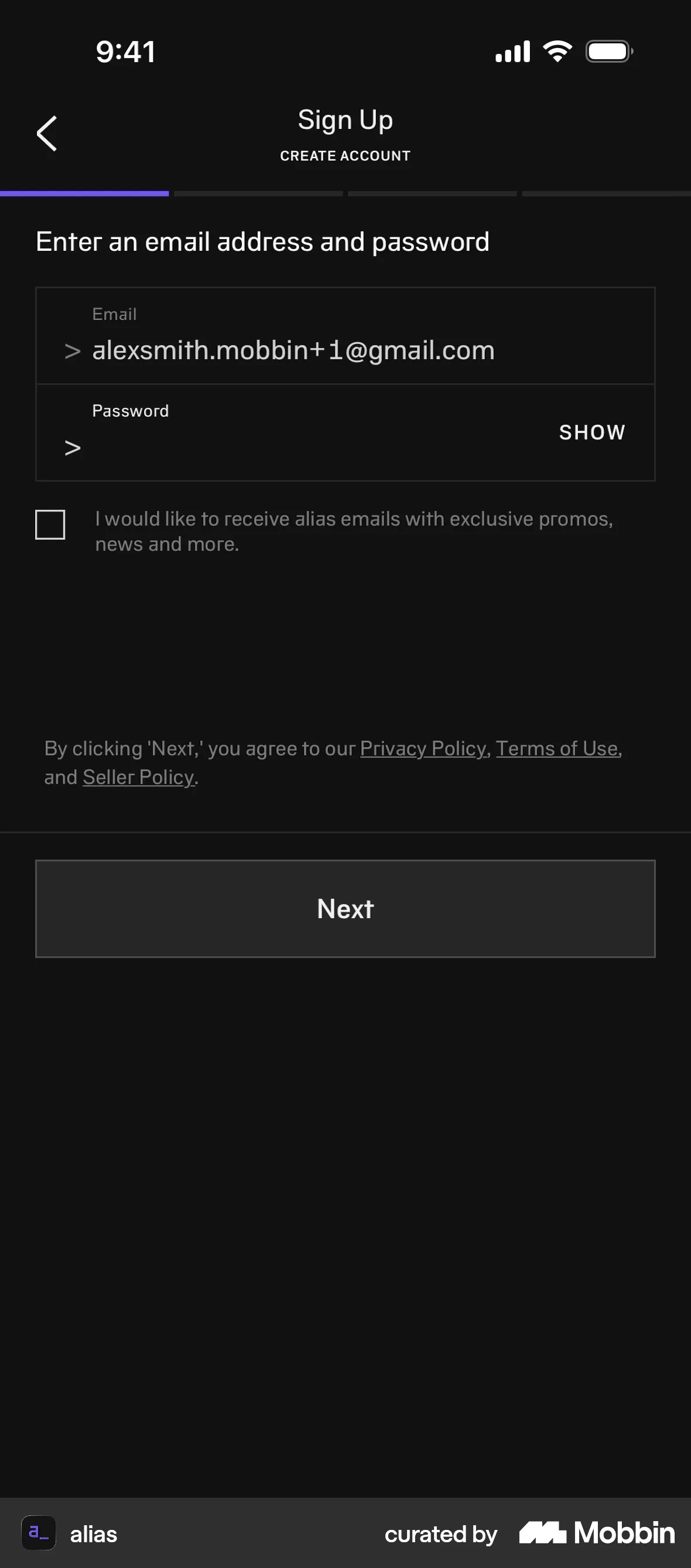 alias iOS screen containing Progress Indicator UI element